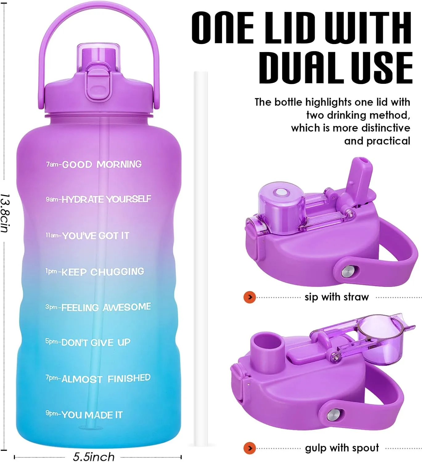 HydroPal 1 Gallon Water Bottles with Straw, 128 oz / 3.8L Water Bottle BPA Free Innovative 2-IN-1 Lid Gym Bottle with Times to Drink Motivational, Large for Sports Fitness Camping Water Jug One Gallon