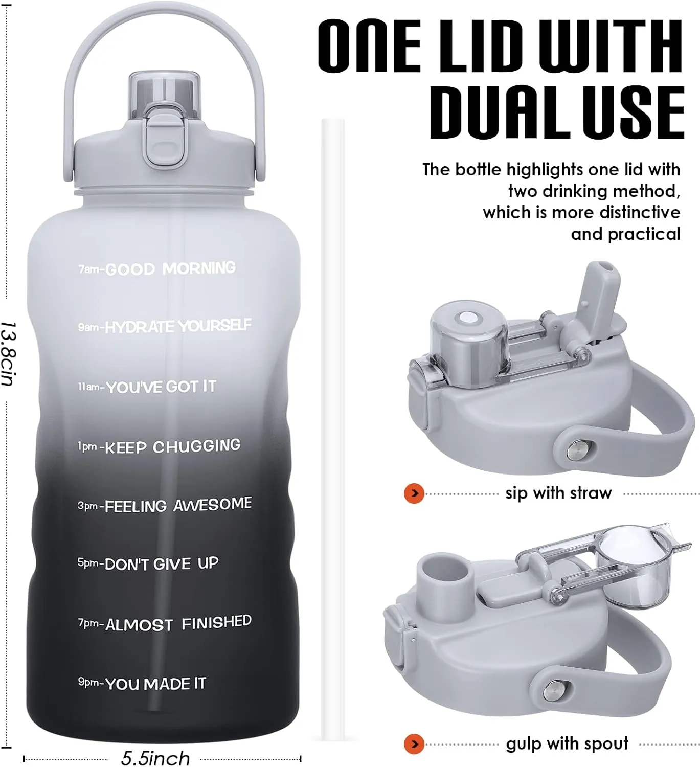 HydroPal 1 Gallon Water Bottles with Straw, 128 oz / 3.8L Water Bottle BPA Free Innovative 2-IN-1 Lid Gym Bottle with Times to Drink Motivational, Large for Sports Fitness Camping Water Jug One Gallon