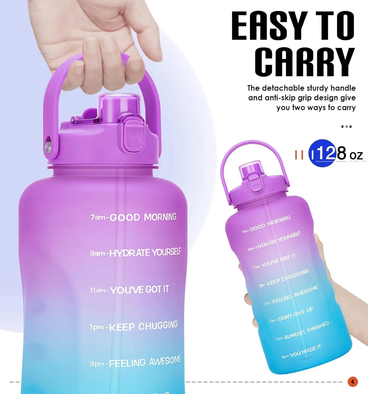 HydroPal 1 Gallon Water Bottles with Straw, 128 oz / 3.8L Water Bottle BPA Free Innovative 2-IN-1 Lid Gym Bottle with Times to Drink Motivational, Large for Sports Fitness Camping Water Jug One Gallon