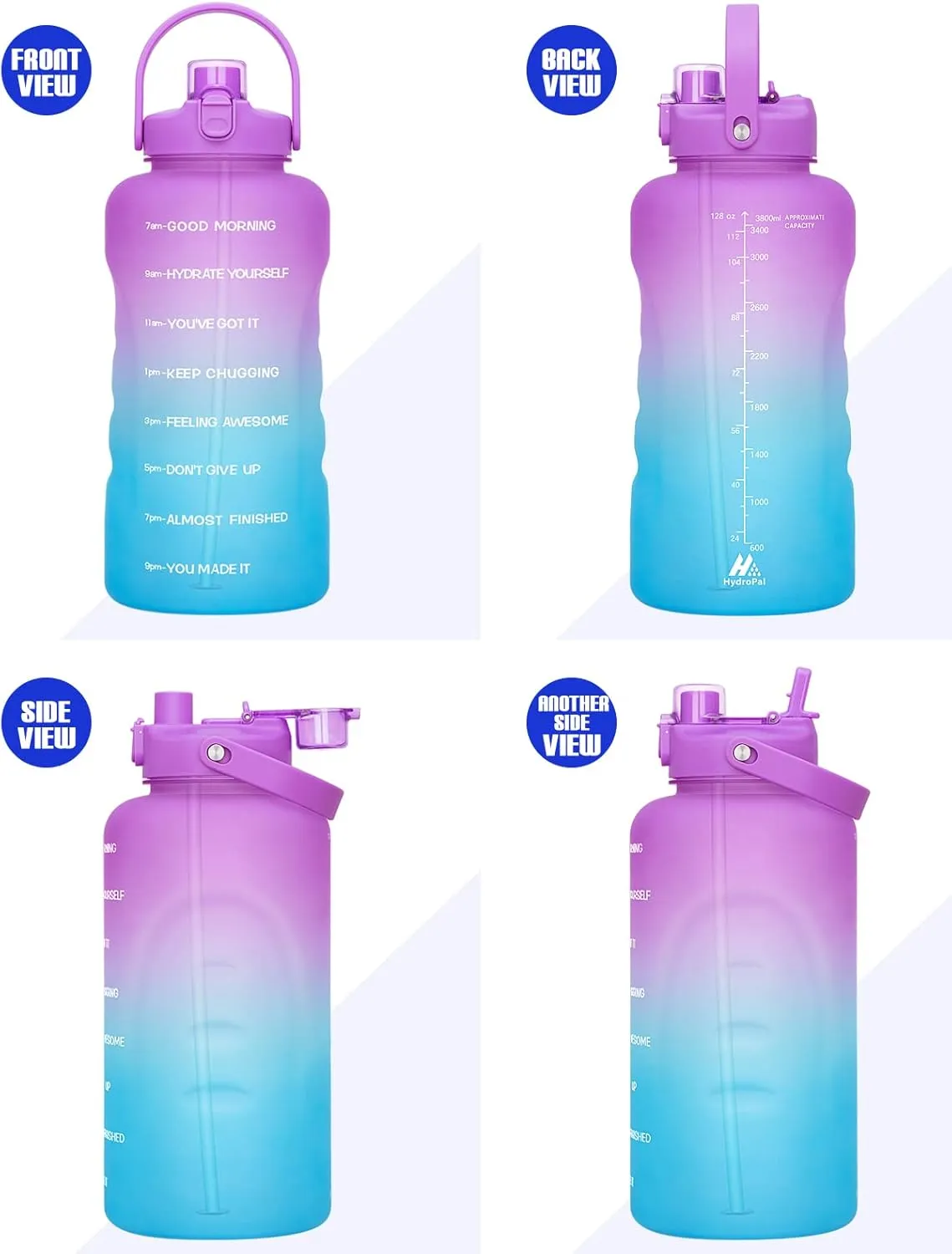 HydroPal 1 Gallon Water Bottles with Straw, 128 oz / 3.8L Water Bottle BPA Free Innovative 2-IN-1 Lid Gym Bottle with Times to Drink Motivational, Large for Sports Fitness Camping Water Jug One Gallon