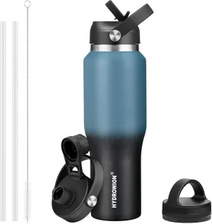 HYDROWION 32oz Water Bottle, Double Wall Vacuum Stainless Steel Insulated Water Flask with Straw Lid, Spout Lid and Flex Cap(Cold for 48 Hrs, Hot for 24 Hrs), Leakproof Travel Thermo Mug, Blue&Black