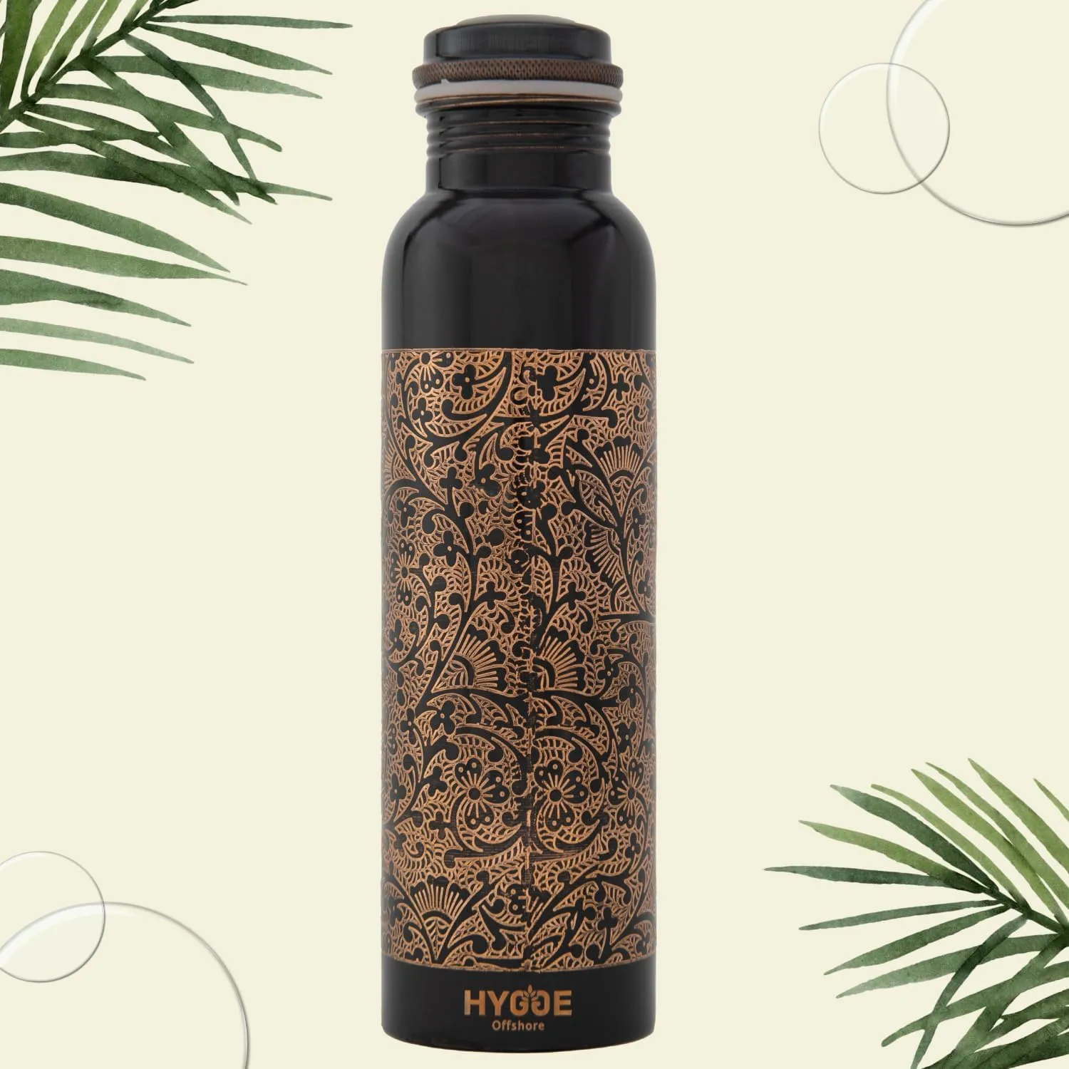Hygge Copper Water Bottle 34Oz - Leak Proof - Ayurvedic Copper Bottle, Perfect Ayurvedic Copper Vessel For Sports, Fitness, Yoga - Natural Health Benefits - Engraved Antique D1