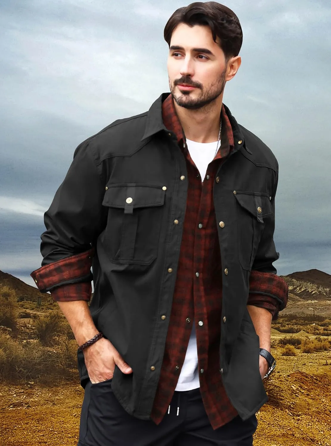 HYPESTFIT Men's Flannel Lined Shacket Jacket Plaid Brushed Lining Cowboy Western Twill Outdoor Shirt Jacket