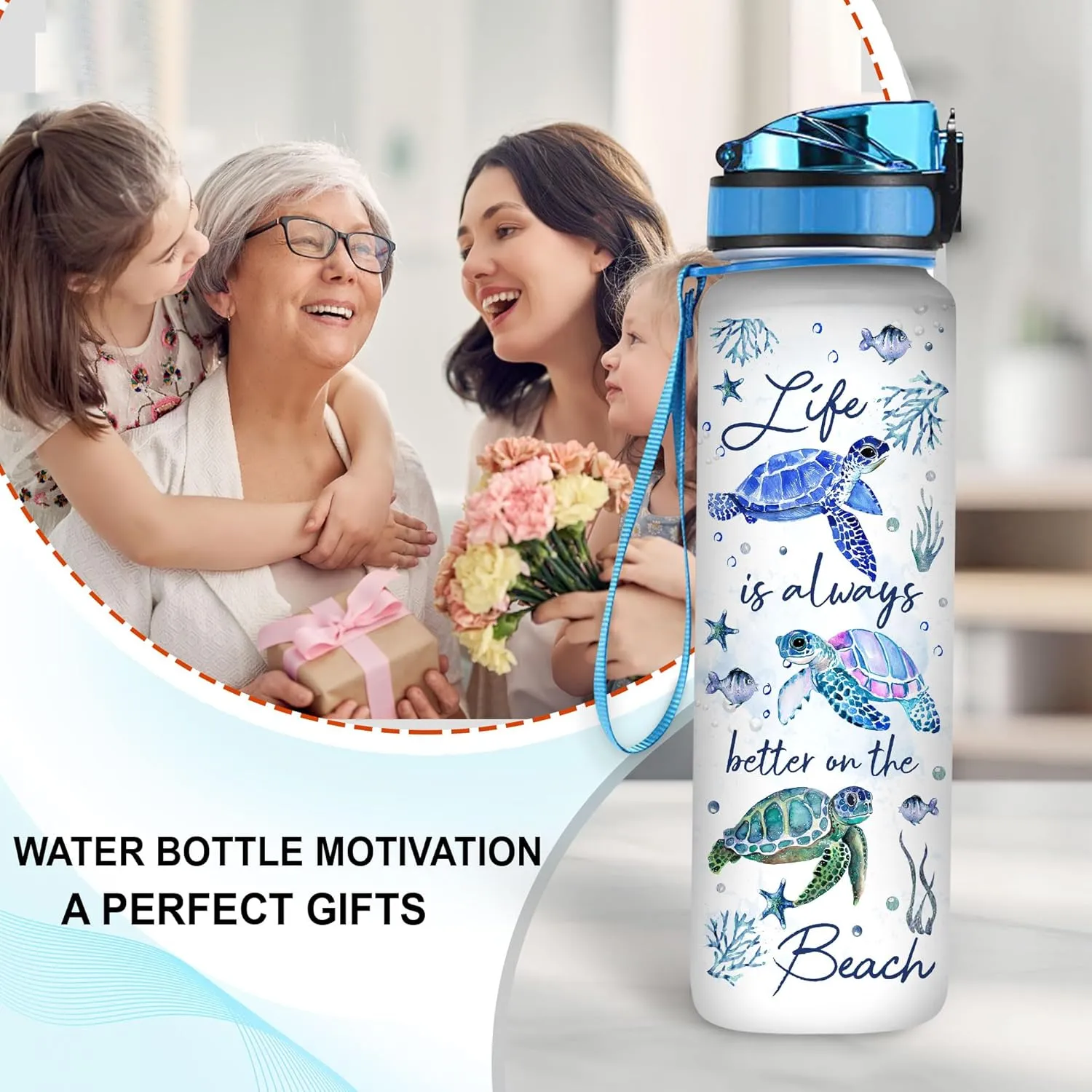 Hyturtle Life Is Always Better On The Beach Turtle 32oz 1Liter Motivational Water Bottle, Tracker Water Bottle With Time Marker Gifts For Women, Gifts For Turtle Lovers On Birthday