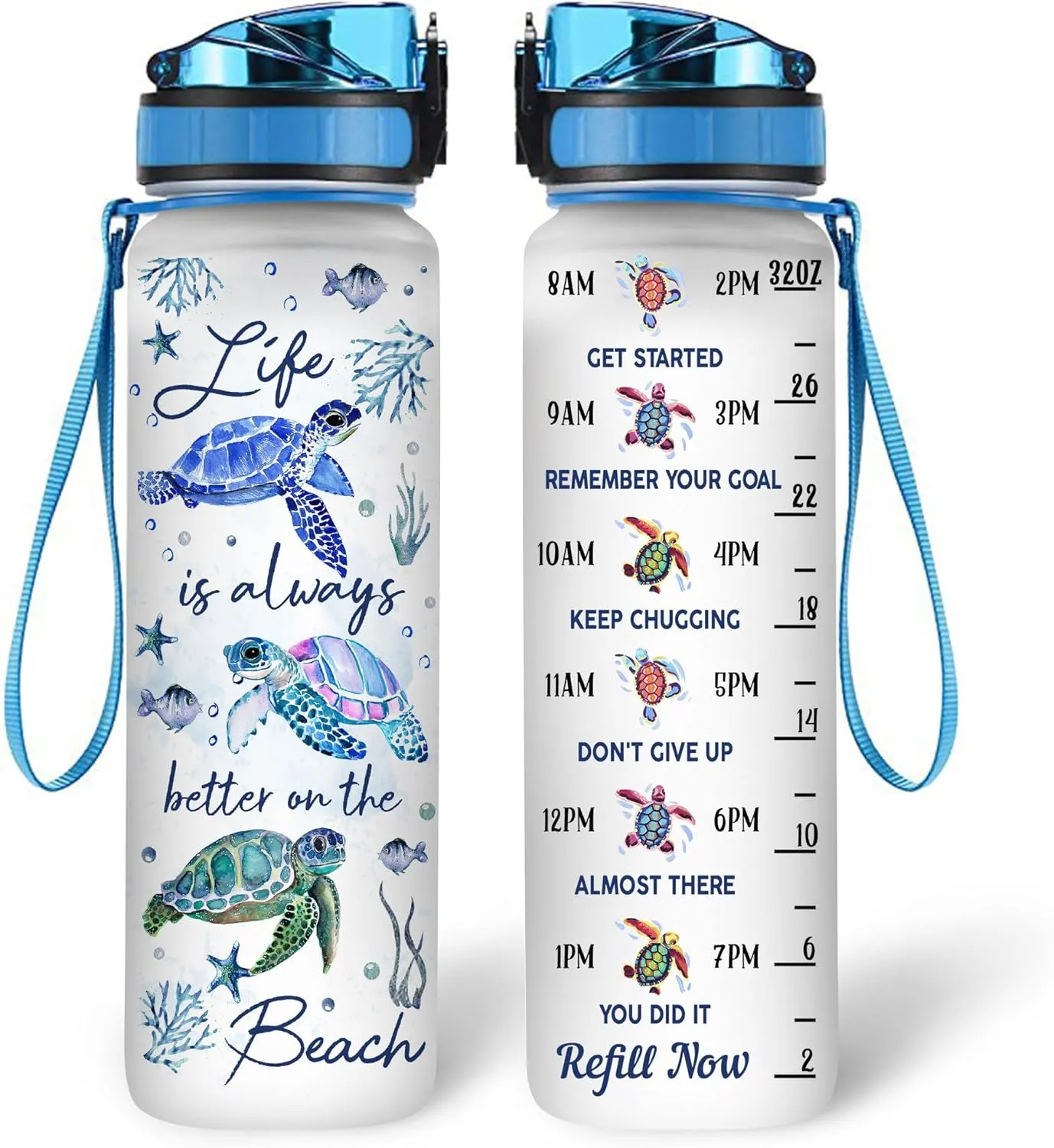 Hyturtle Life Is Always Better On The Beach Turtle 32oz 1Liter Motivational Water Bottle, Tracker Water Bottle With Time Marker Gifts For Women, Gifts For Turtle Lovers On Birthday