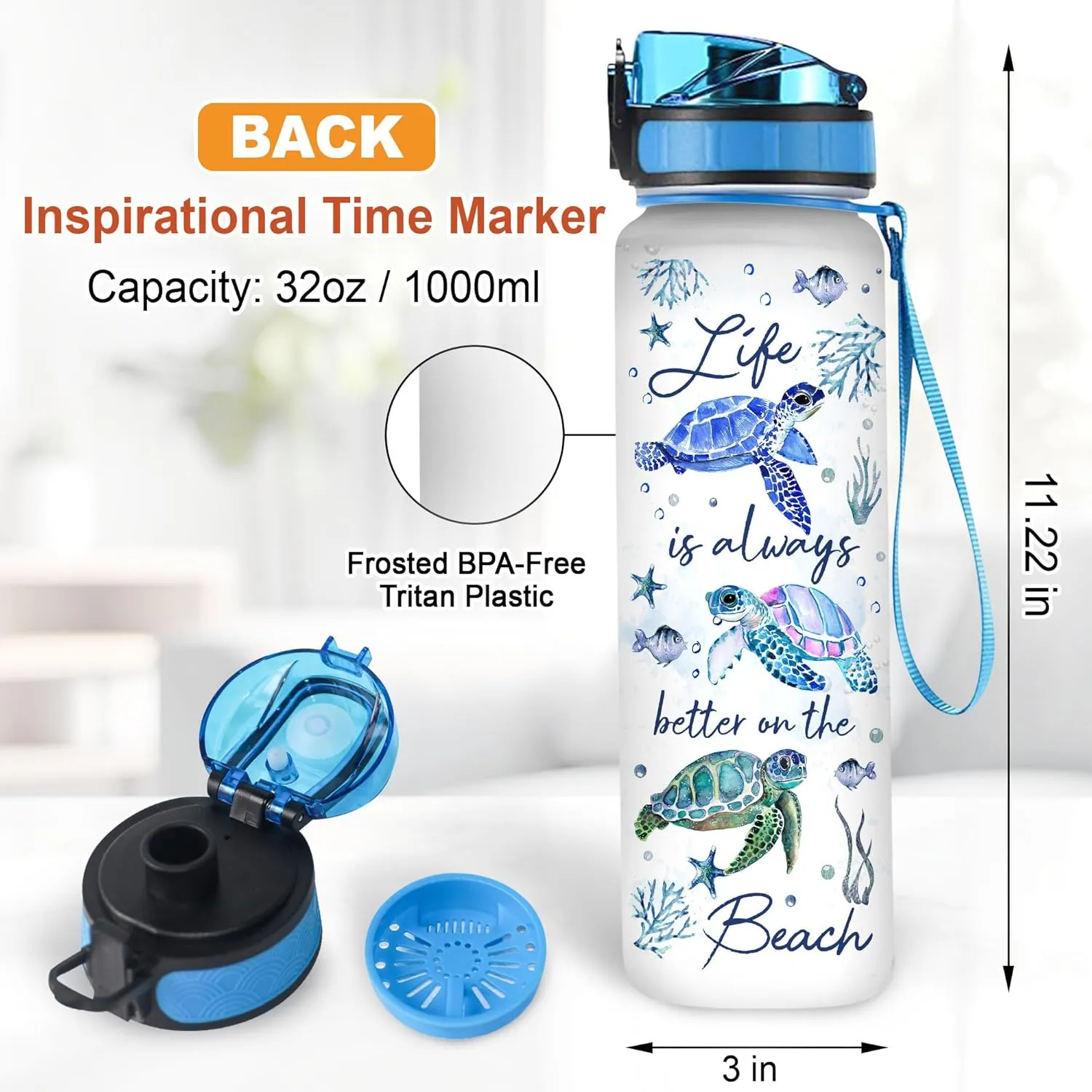 Hyturtle Life Is Always Better On The Beach Turtle 32oz 1Liter Motivational Water Bottle, Tracker Water Bottle With Time Marker Gifts For Women, Gifts For Turtle Lovers On Birthday