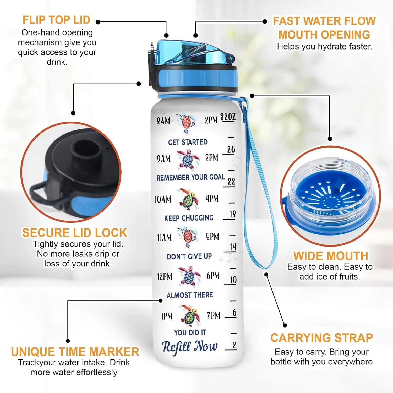 Hyturtle Life Is Always Better On The Beach Turtle 32oz 1Liter Motivational Water Bottle, Tracker Water Bottle With Time Marker Gifts For Women, Gifts For Turtle Lovers On Birthday