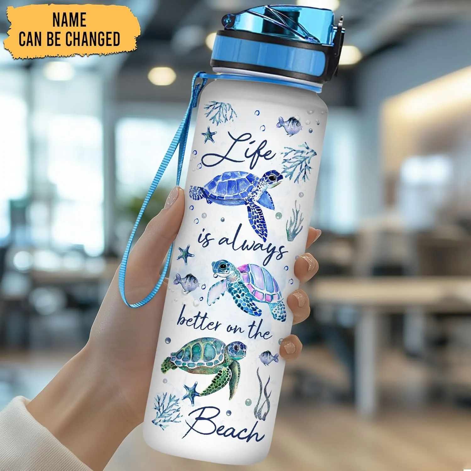 Hyturtle Life Is Always Better On The Beach Turtle 32oz 1Liter Motivational Water Bottle, Tracker Water Bottle With Time Marker Gifts For Women, Gifts For Turtle Lovers On Birthday