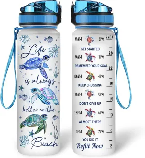 Hyturtle Life Is Always Better On The Beach Turtle 32oz 1Liter Motivational Water Bottle, Tracker Water Bottle With Time Marker Gifts For Women, Gifts For Turtle Lovers On Birthday