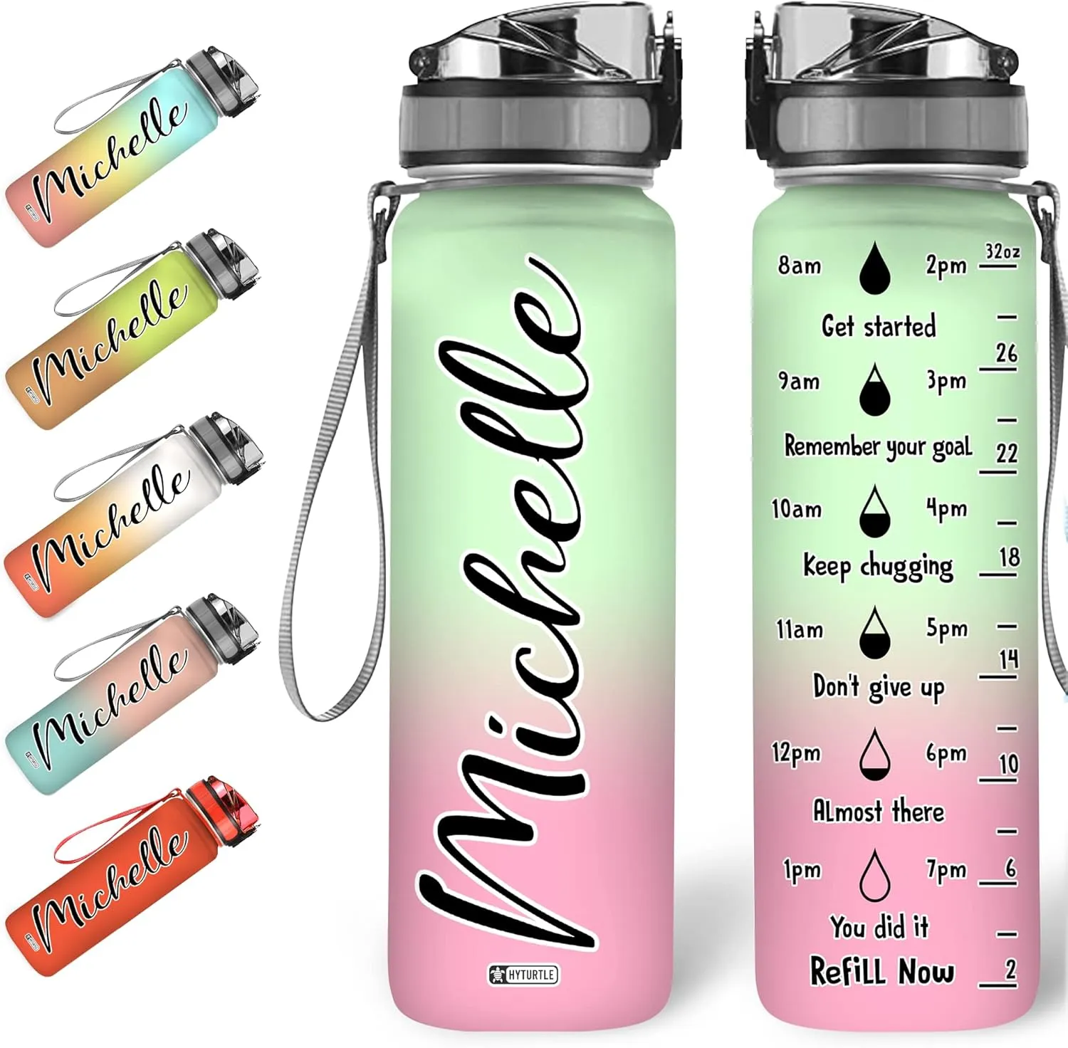 Hyturtle Personalized 32oz Liter Motivational Water Bottle, Customized Name And Color With Time Marker, Gifts For Women Girls Family Friend On Birthday Mother's Day Anniversary