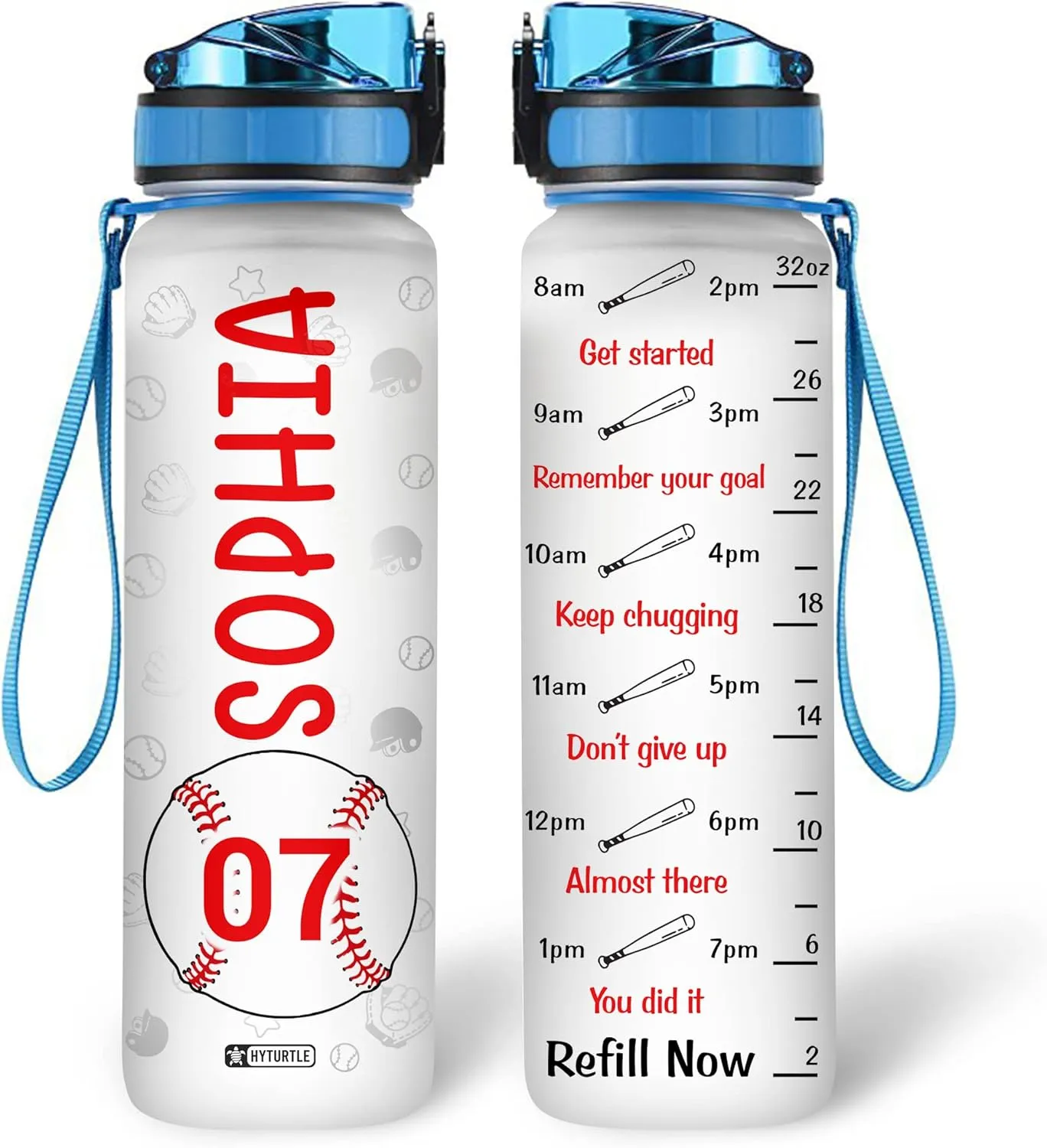 Hyturtle Personalized Baseball 32 Oz Motivational Water Bottle, Baseball Custom Name Water Bottle Gifts For Women Men Boys Sport Lovers On Birthday Mother's Day