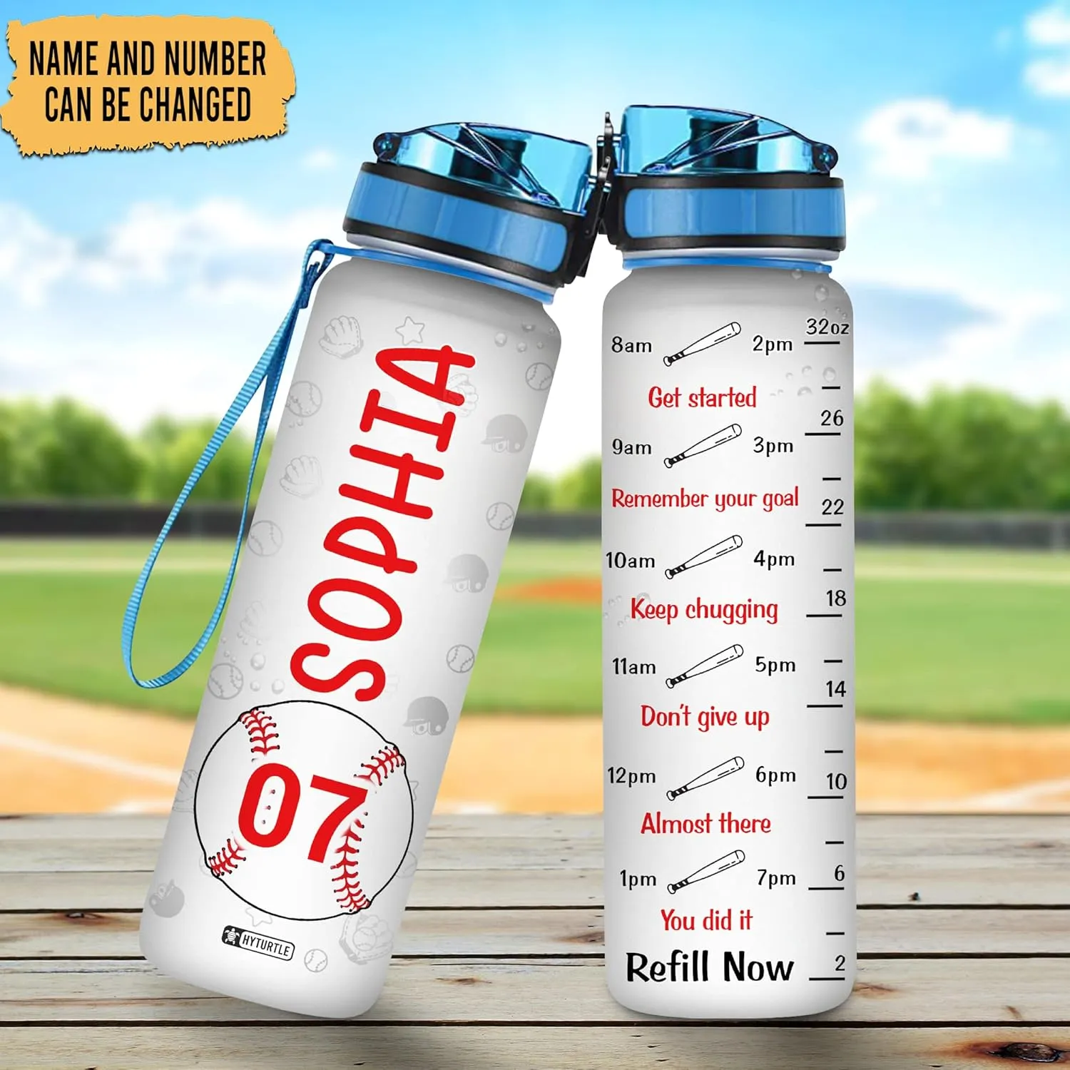 Hyturtle Personalized Baseball 32 Oz Motivational Water Bottle, Baseball Custom Name Water Bottle Gifts For Women Men Boys Sport Lovers On Birthday Mother's Day