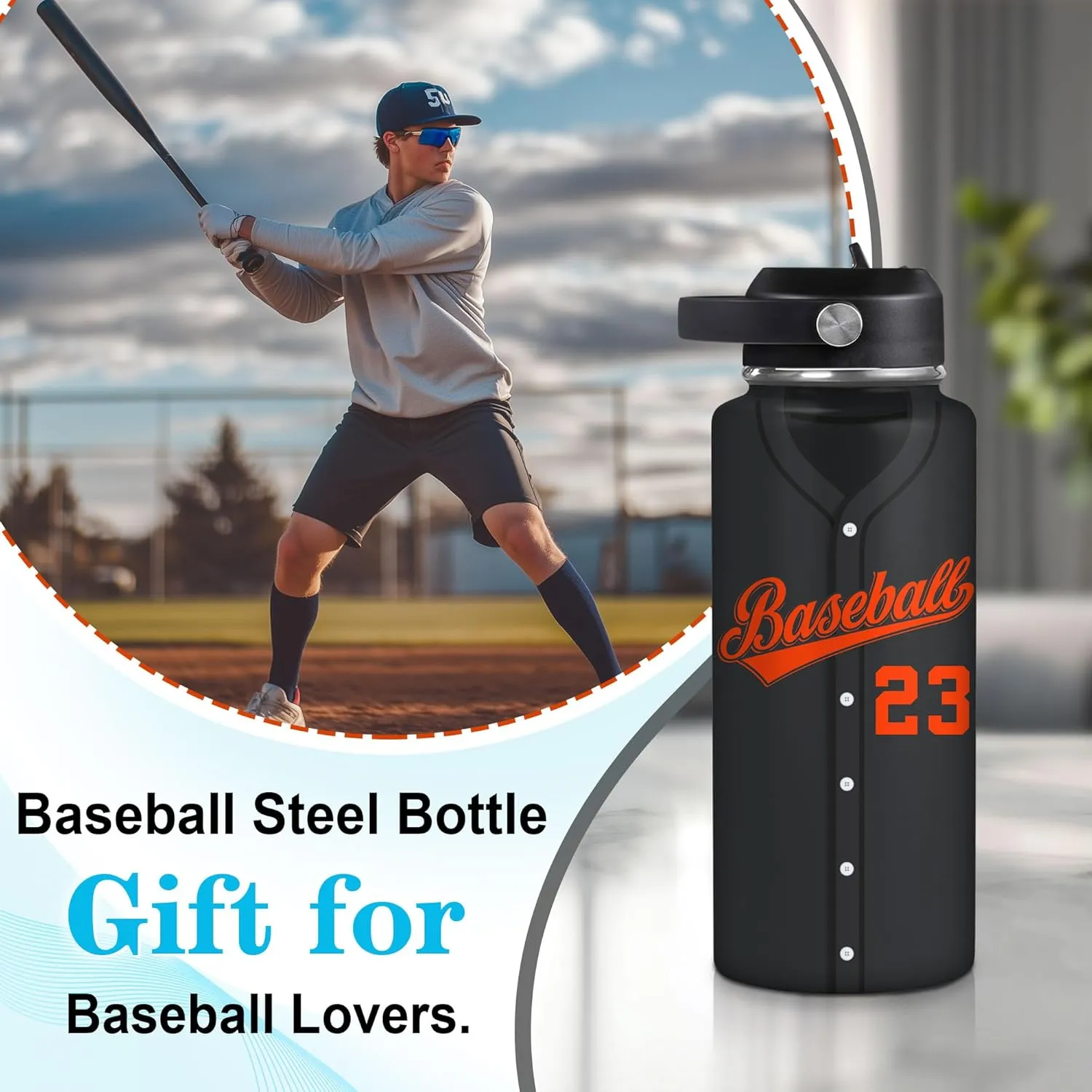 Hyturtle Personalized Baseball Water Bottle - Travel Insulated Stainless Steel Bottle with Leak-Proof Lid 18oz 32oz - Gift for Men, Boys, Baseball Lovers, Players, Coaches - Birthday & Christmas Gift