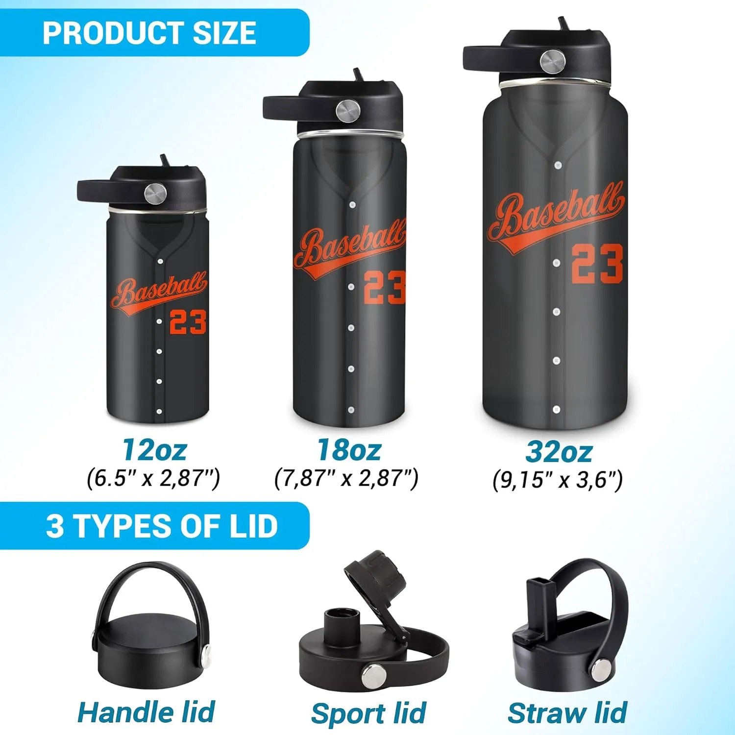 Hyturtle Personalized Baseball Water Bottle - Travel Insulated Stainless Steel Bottle with Leak-Proof Lid 18oz 32oz - Gift for Men, Boys, Baseball Lovers, Players, Coaches - Birthday & Christmas Gift