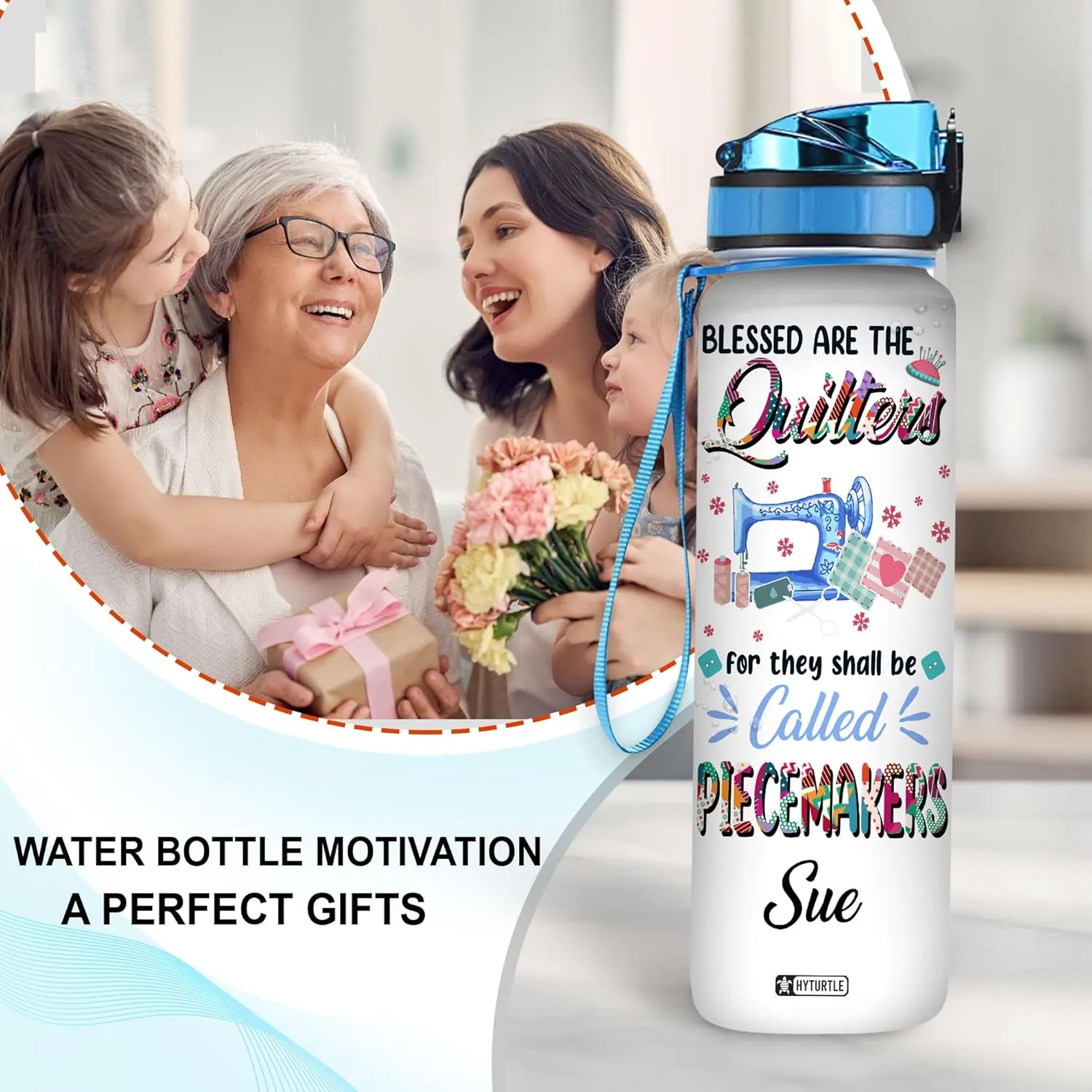 Hyturtle Personalized Blessed Are The Quilters For They Shall Be Called Piecemakers 32Oz Liter Motivational Water Bottle, Customized Name With Time Marker, Gifts For Women, Sewing Lovers On Birthday