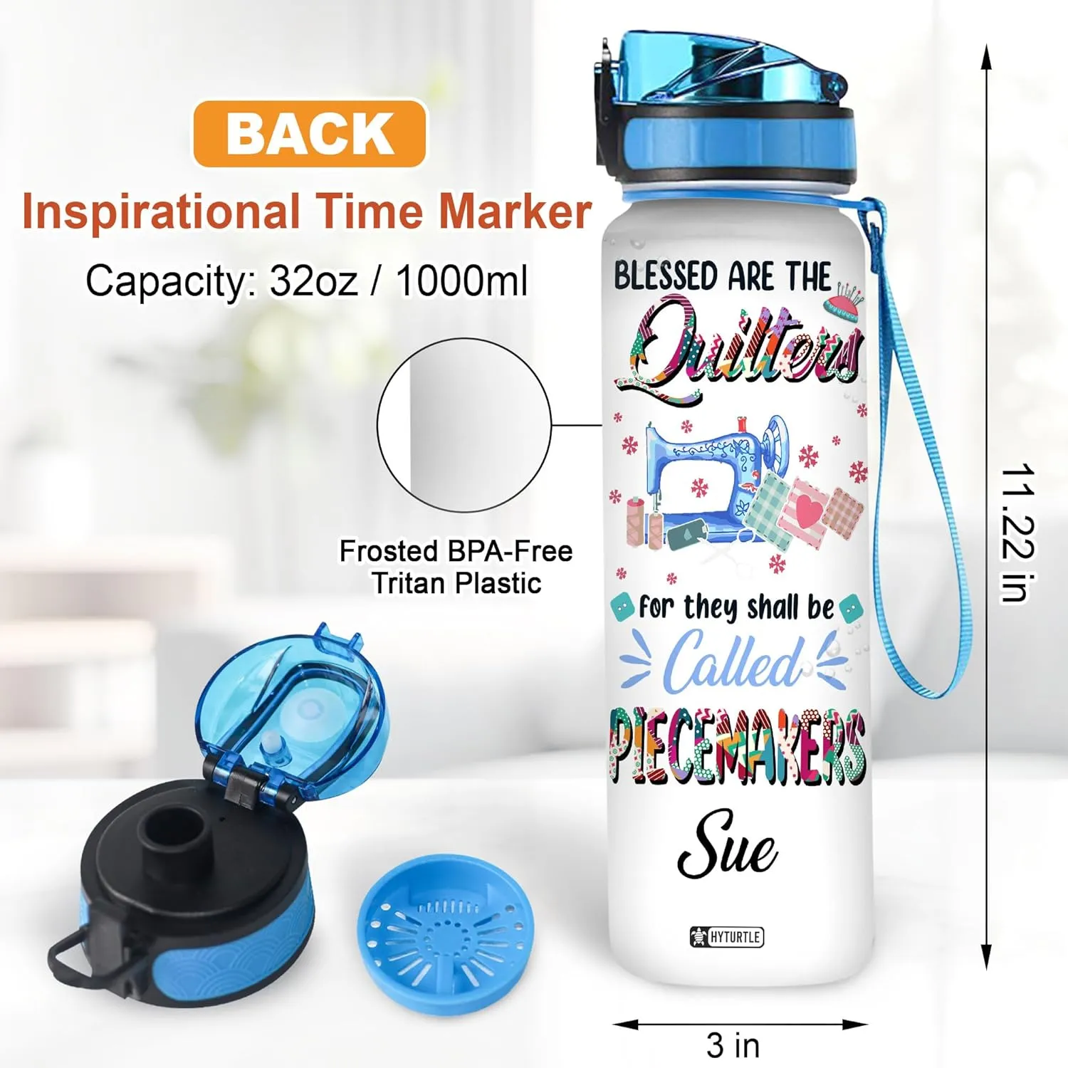 Hyturtle Personalized Blessed Are The Quilters For They Shall Be Called Piecemakers 32Oz Liter Motivational Water Bottle, Customized Name With Time Marker, Gifts For Women, Sewing Lovers On Birthday