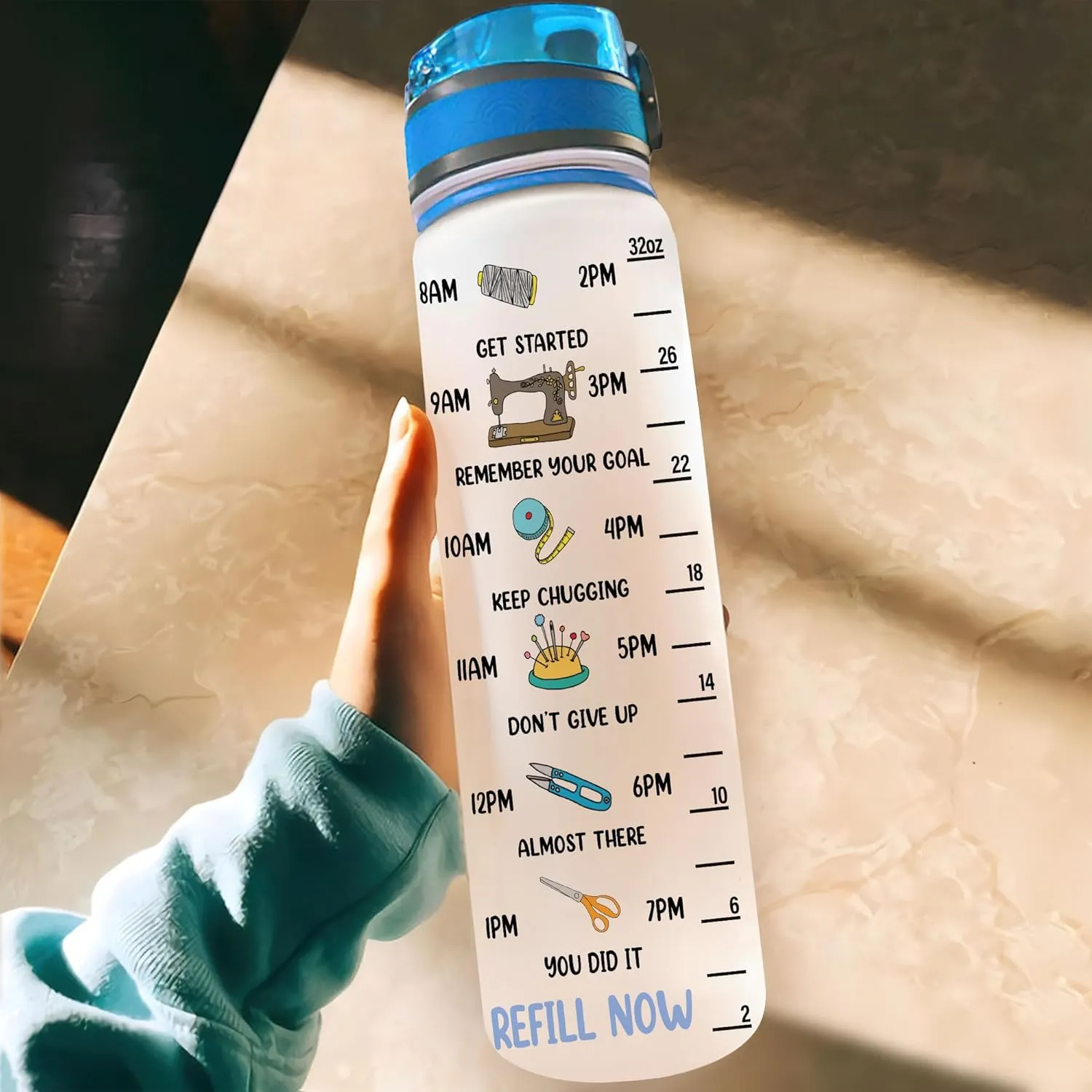 Hyturtle Personalized Blessed Are The Quilters For They Shall Be Called Piecemakers 32Oz Liter Motivational Water Bottle, Customized Name With Time Marker, Gifts For Women, Sewing Lovers On Birthday