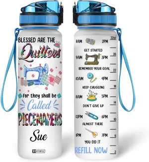 Hyturtle Personalized Blessed Are The Quilters For They Shall Be Called Piecemakers 32Oz Liter Motivational Water Bottle, Customized Name With Time Marker, Gifts For Women, Sewing Lovers On Birthday