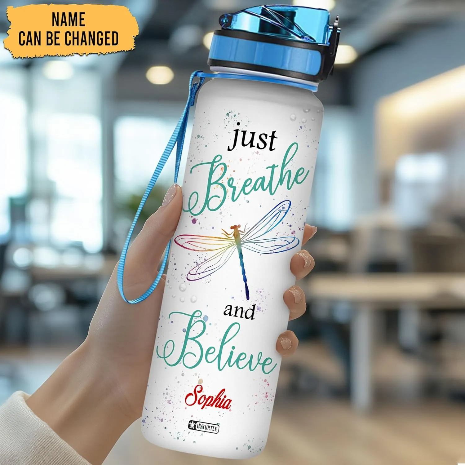 Hyturtle Personalized Dragonfly Water Bottle - 32oz Motivational Water Bottle with Leak-Proof Lid & Time Marker - Custom Name Faith-Inspired Gift for Women, Dragonfly Lovers on Birthday Christmas