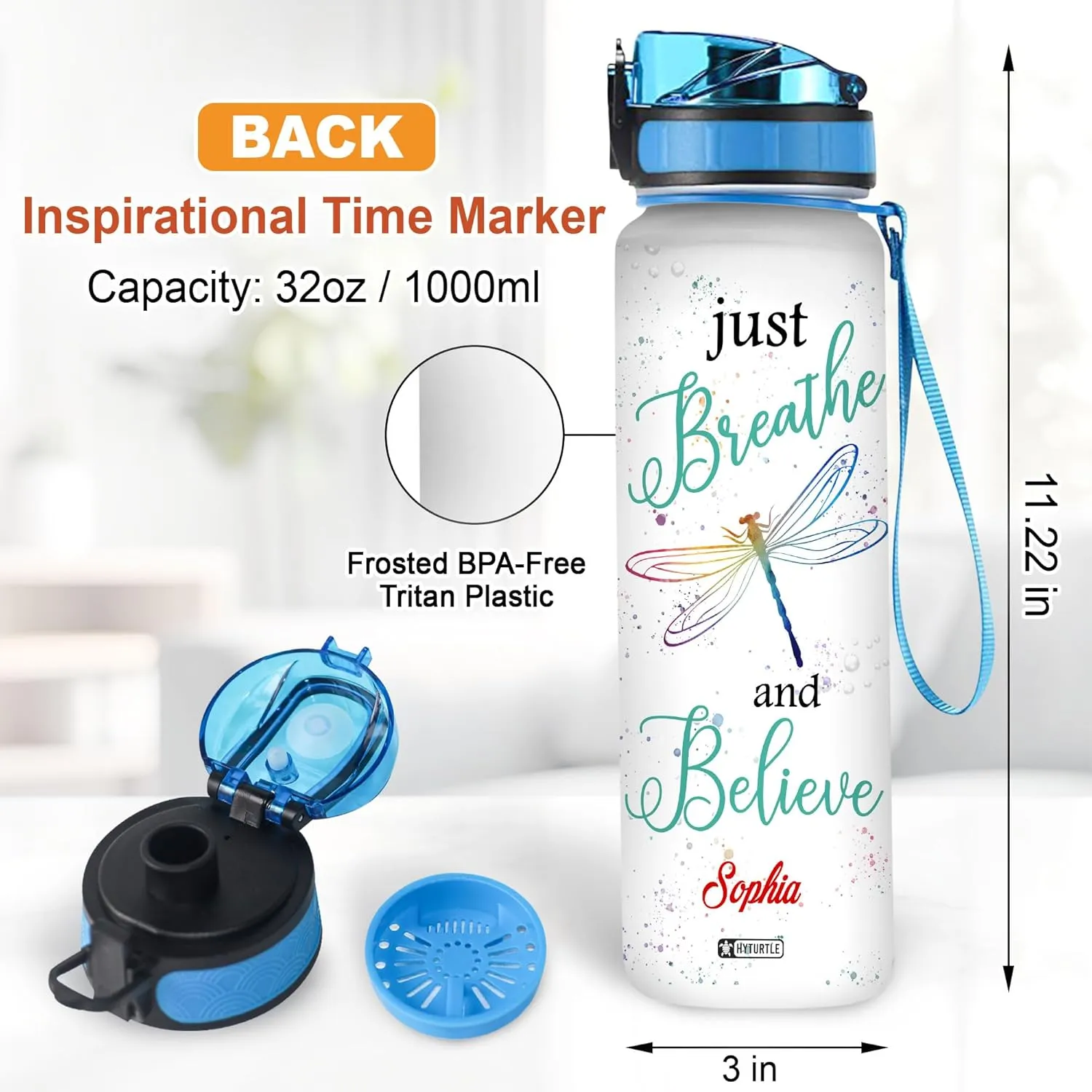 Hyturtle Personalized Dragonfly Water Bottle - 32oz Motivational Water Bottle with Leak-Proof Lid & Time Marker - Custom Name Faith-Inspired Gift for Women, Dragonfly Lovers on Birthday Christmas