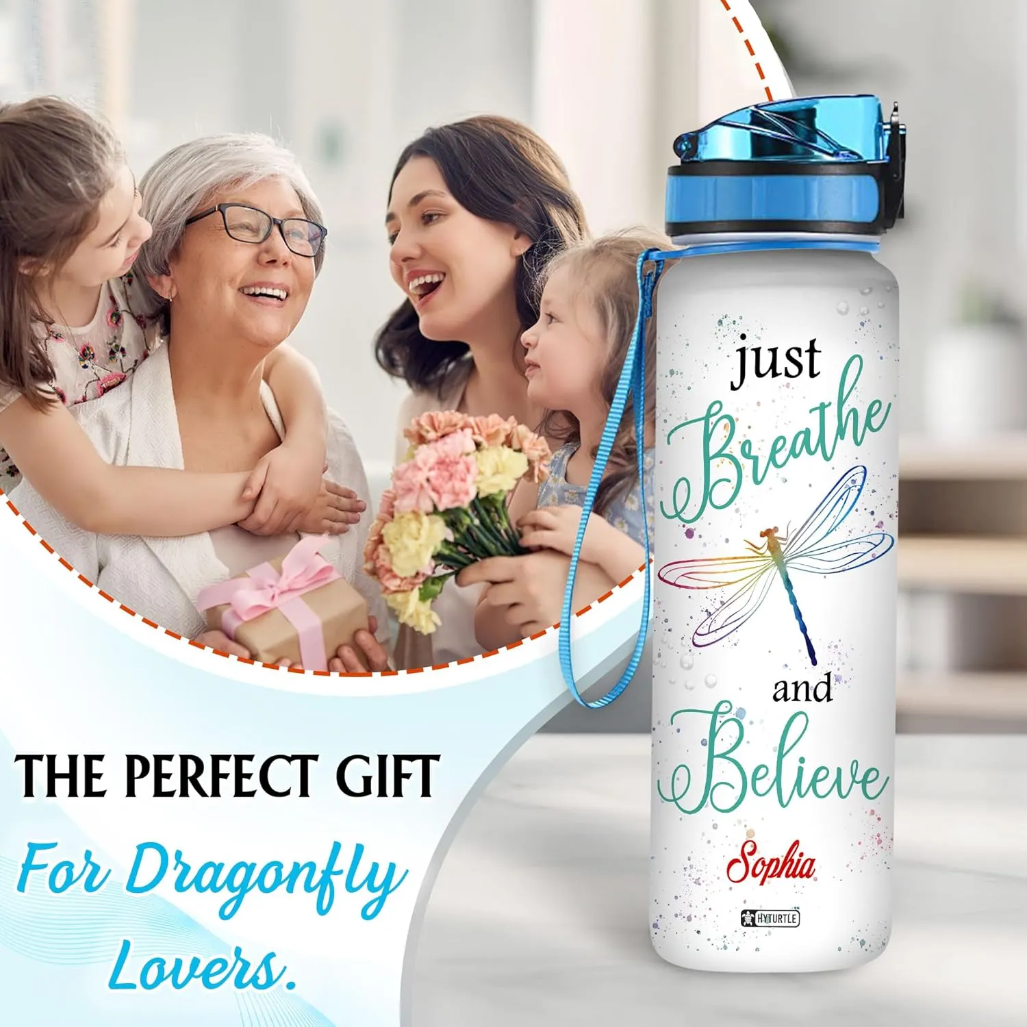 Hyturtle Personalized Dragonfly Water Bottle - 32oz Motivational Water Bottle with Leak-Proof Lid & Time Marker - Custom Name Faith-Inspired Gift for Women, Dragonfly Lovers on Birthday Christmas