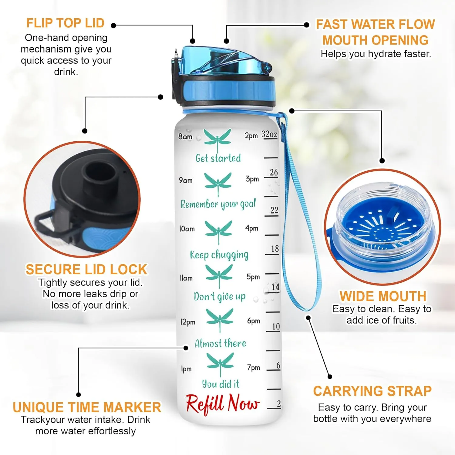Hyturtle Personalized Dragonfly Water Bottle - 32oz Motivational Water Bottle with Leak-Proof Lid & Time Marker - Custom Name Faith-Inspired Gift for Women, Dragonfly Lovers on Birthday Christmas
