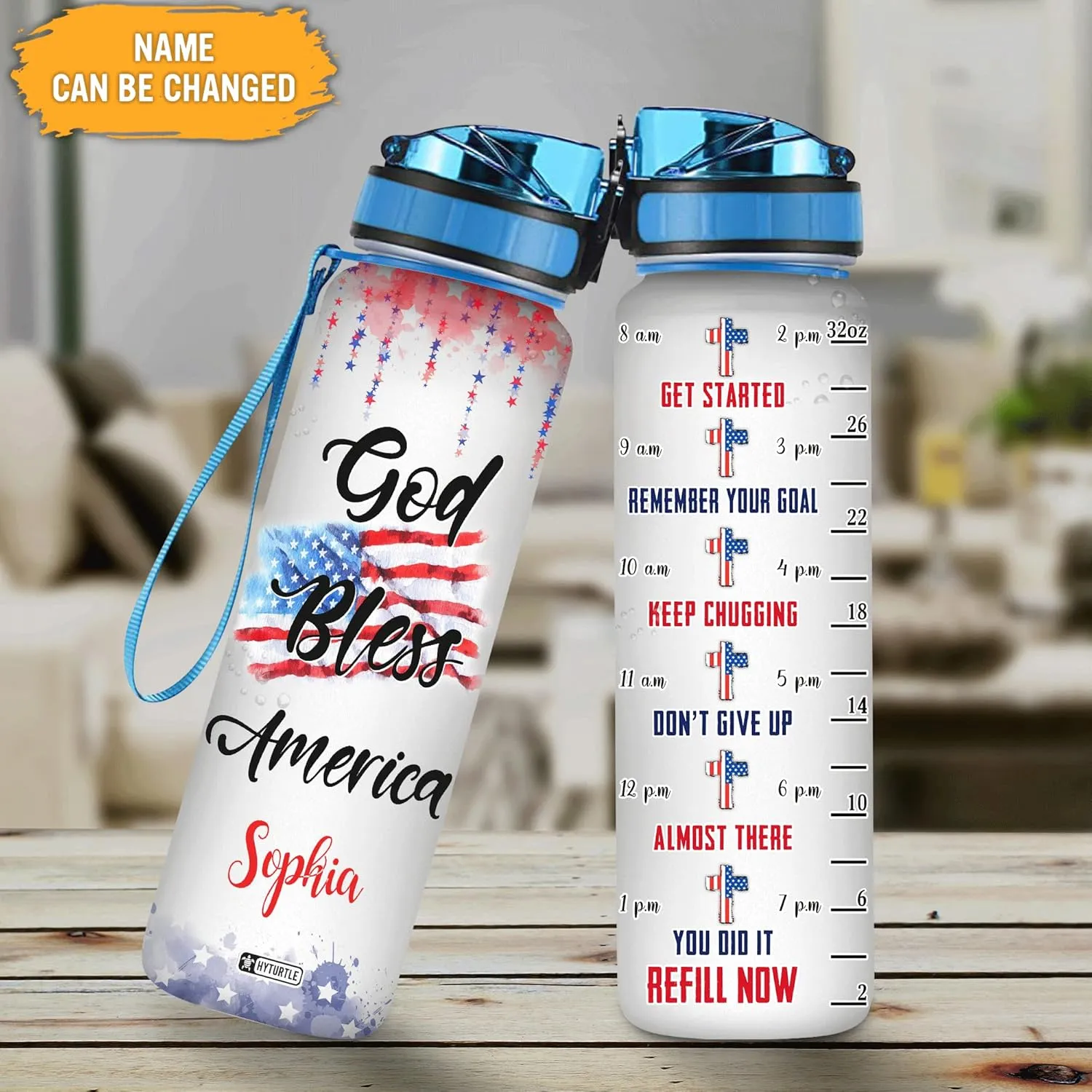 Hyturtle Personalized God Bless America USA Flag 32oz Liter Motivational Water Bottle, Customized Name With Time Marker, Gifts For Women Men Family Friend On Birthday, Independence Day, 4th Of July