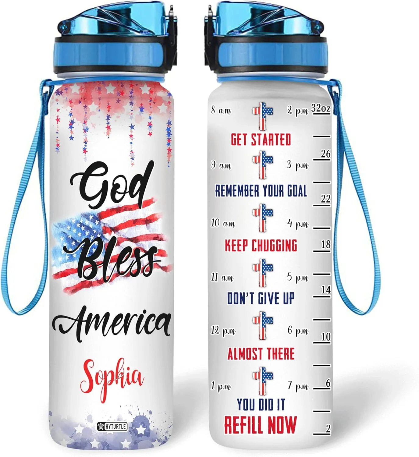Hyturtle Personalized God Bless America USA Flag 32oz Liter Motivational Water Bottle, Customized Name With Time Marker, Gifts For Women Men Family Friend On Birthday, Independence Day, 4th Of July