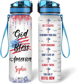 Hyturtle Personalized God Bless America USA Flag 32oz Liter Motivational Water Bottle, Customized Name With Time Marker, Gifts For Women Men Family Friend On Birthday, Independence Day, 4th Of July