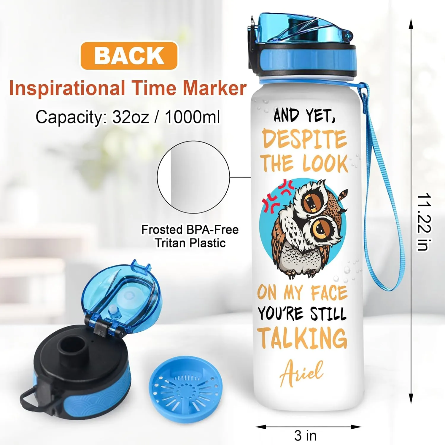 Hyturtle Personalized Owl Lovers 32 Oz 1Liter Motivational Water Bottle, You're Still Talking Customized Name Water Bottle With Time Marker, Animal Gifts For Women Girl On Birthday, Mother Day's