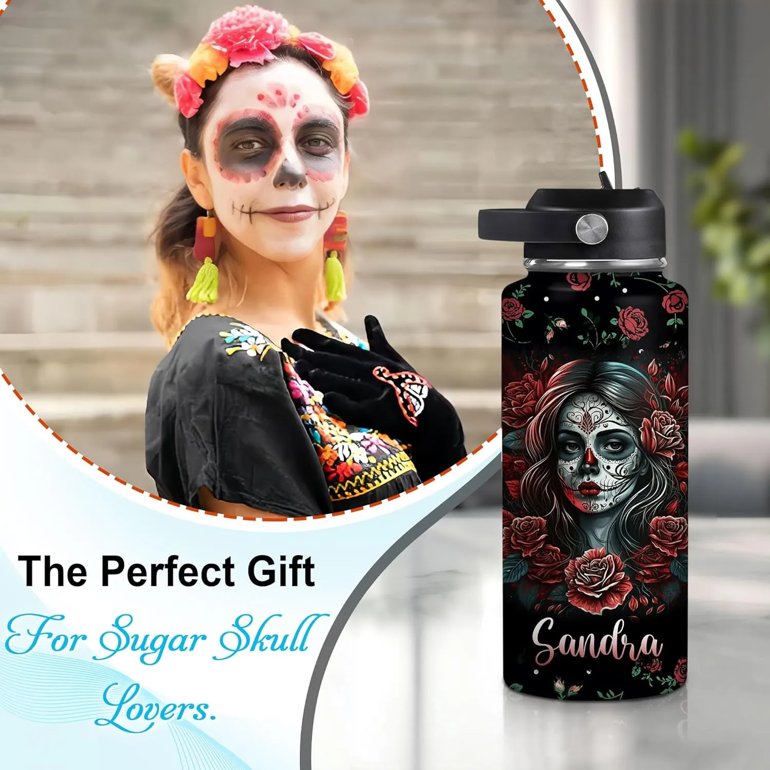 Hyturtle Personalized Sugar Skull Water Bottle - Travel Insulated Stainless Steel Bottle with Leak-Proof Lid 18oz 32oz - Gothic Style Gift for Women, Sugar Skull Lovers - Birthday & Christmas Gift