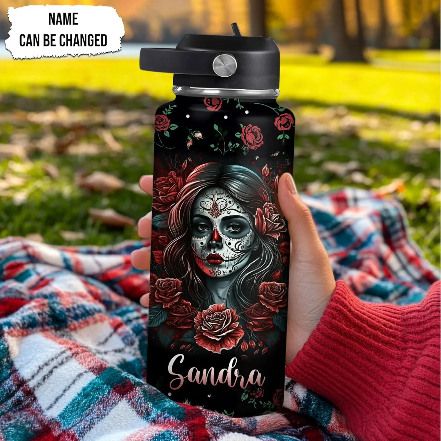 Hyturtle Personalized Sugar Skull Water Bottle - Travel Insulated Stainless Steel Bottle with Leak-Proof Lid 18oz 32oz - Gothic Style Gift for Women, Sugar Skull Lovers - Birthday & Christmas Gift