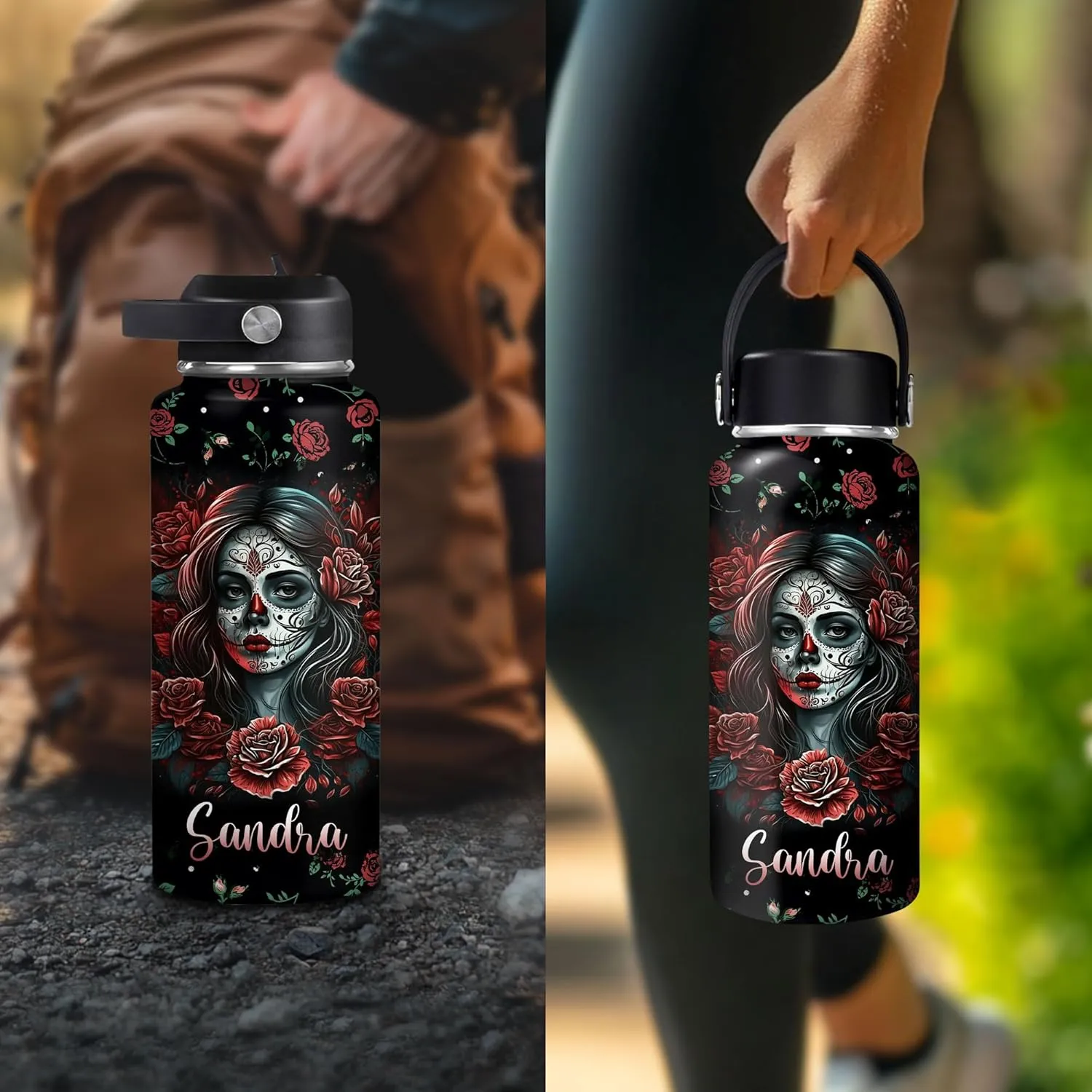 Hyturtle Personalized Sugar Skull Water Bottle - Travel Insulated Stainless Steel Bottle with Leak-Proof Lid 18oz 32oz - Gothic Style Gift for Women, Sugar Skull Lovers - Birthday & Christmas Gift