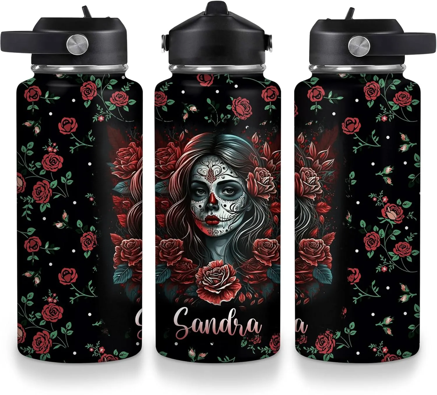 Hyturtle Personalized Sugar Skull Water Bottle - Travel Insulated Stainless Steel Bottle with Leak-Proof Lid 18oz 32oz - Gothic Style Gift for Women, Sugar Skull Lovers - Birthday & Christmas Gift