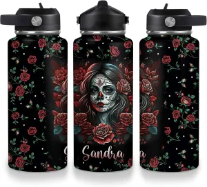 Hyturtle Personalized Sugar Skull Water Bottle - Travel Insulated Stainless Steel Bottle with Leak-Proof Lid 18oz 32oz - Gothic Style Gift for Women, Sugar Skull Lovers - Birthday & Christmas Gift
