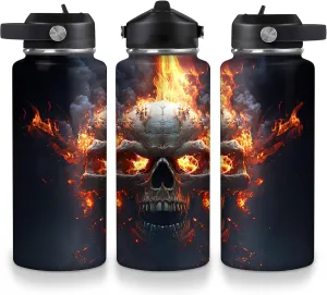 Hyturtle Skull Water Bottle - Unique Goth Gothic Gifts for Women - Fire Skull Tumbler - 18oz & 32oz Vacuum Insulated Stainless Steel