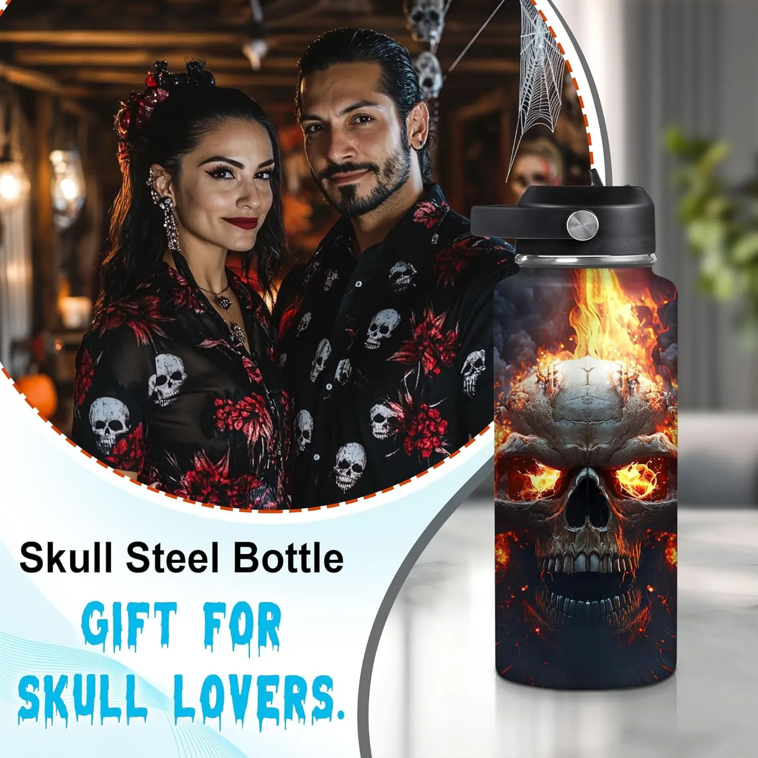 Hyturtle Skull Water Bottle - Unique Goth Gothic Gifts for Women - Fire Skull Tumbler - 18oz & 32oz Vacuum Insulated Stainless Steel