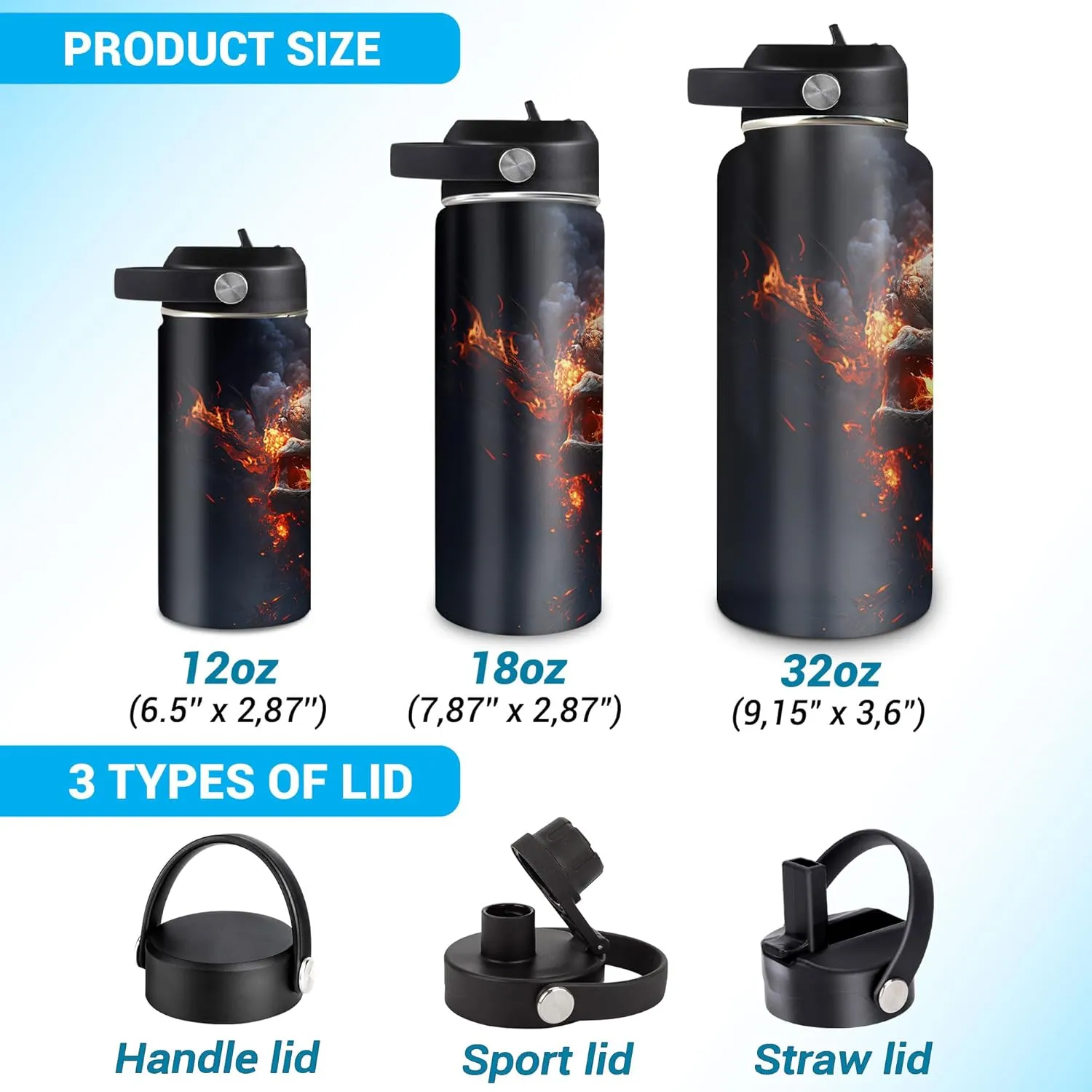 Hyturtle Skull Water Bottle - Unique Goth Gothic Gifts for Women - Fire Skull Tumbler - 18oz & 32oz Vacuum Insulated Stainless Steel