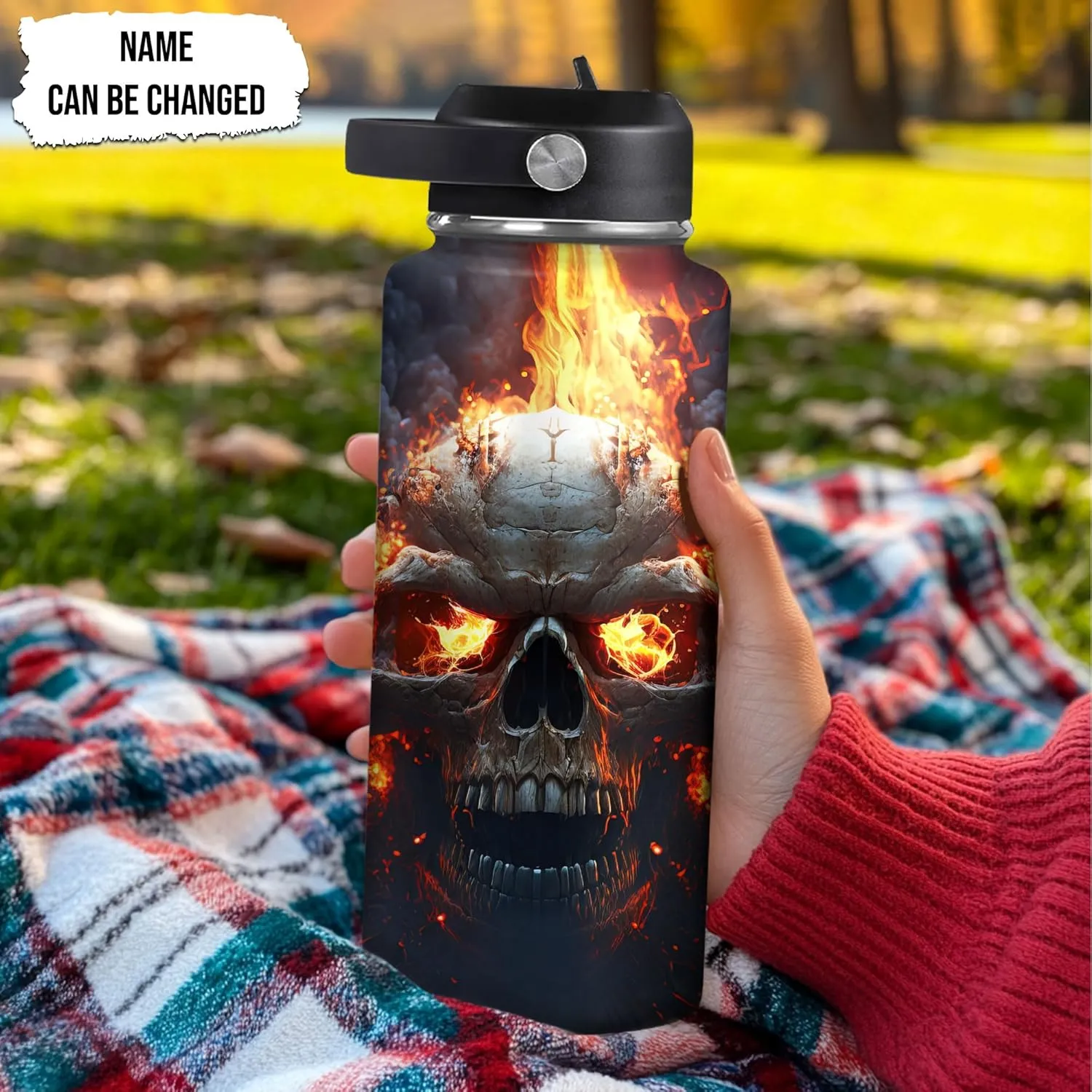 Hyturtle Skull Water Bottle - Unique Goth Gothic Gifts for Women - Fire Skull Tumbler - 18oz & 32oz Vacuum Insulated Stainless Steel