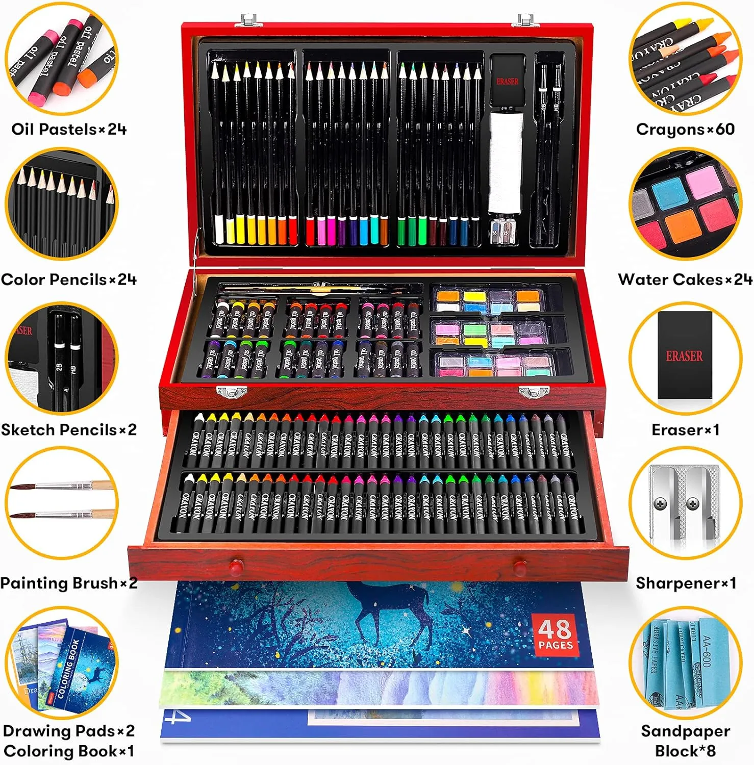 iBayam Art Supplies, 150-Pack Deluxe Wooden Art Set Crafts Drawing Painting Kit with 2 -Sketch Pads, 1-Coloring Book, Gift Box for Kids Adults Artist Beginners Teens Girls Boys 5 6 7 8 9 10 11 12