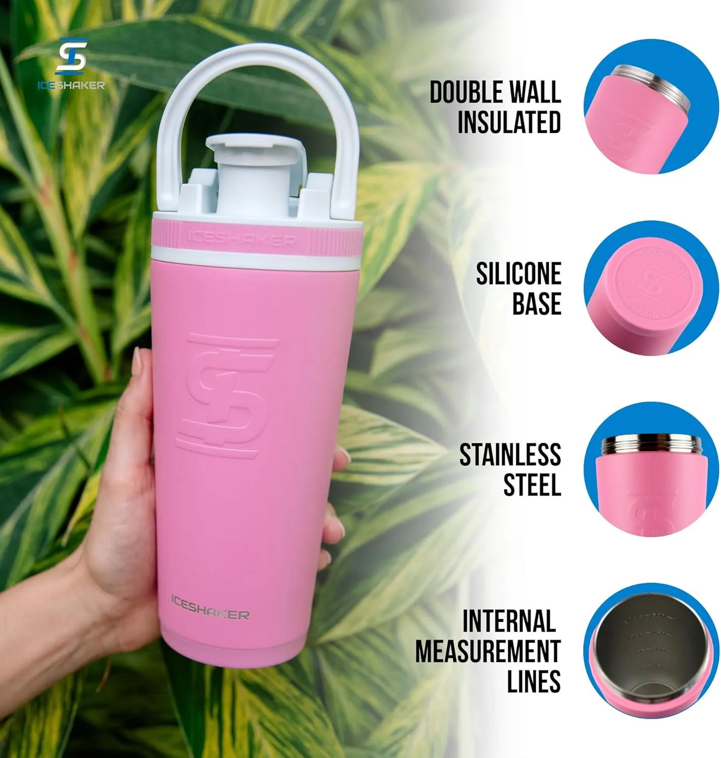 Ice Shaker Insulated Stainless Steel Shaker Bottle | 26oz, Pink | Cold for 30  Hours | Insulated Cup with Twist-on Agitator | Odor-Free Bottle for Protein Shakes, Water, Smoothies, Cocktails