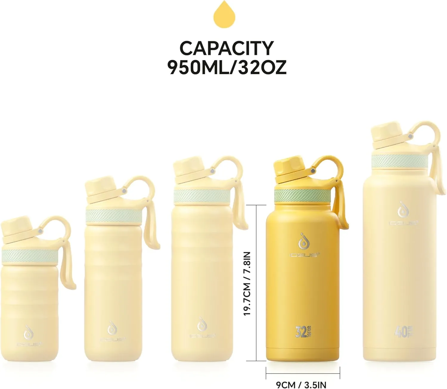 IDEUS Insulated Stainless Steel Water Bottle with 2 Leak-Proof Lids, Thermal Water Flask for Hiking Biking, 32oz, Bright Yellow
