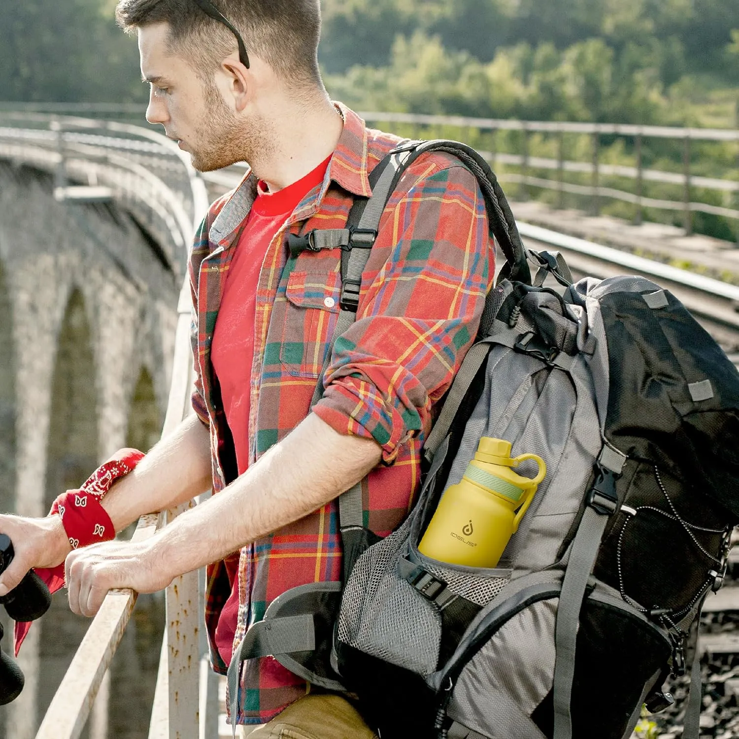 IDEUS Insulated Stainless Steel Water Bottle with 2 Leak-Proof Lids, Thermal Water Flask for Hiking Biking, 32oz, Bright Yellow