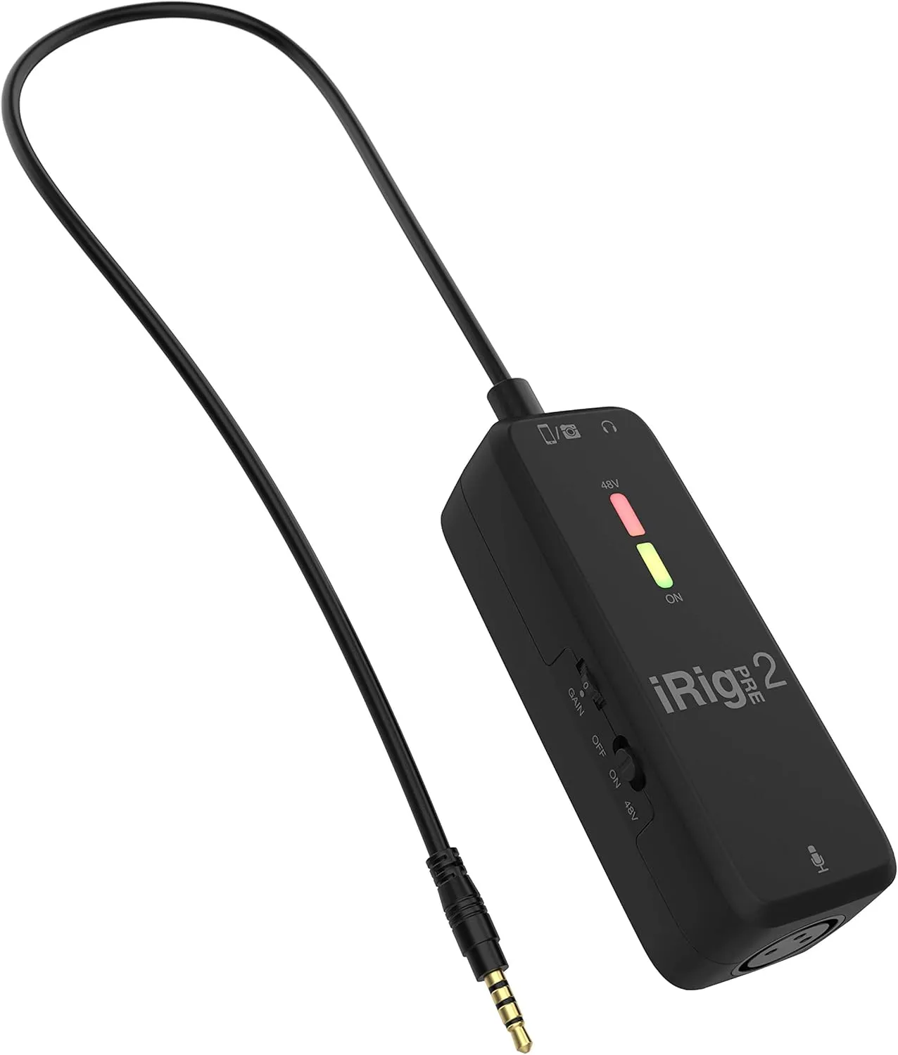 IK Multimedia iRig Pre 2 mic preamp adapter interface for iPhone, iPad, Android, iOS & DSLR cameras, with  48V phantom power, XLR connector & headphone output