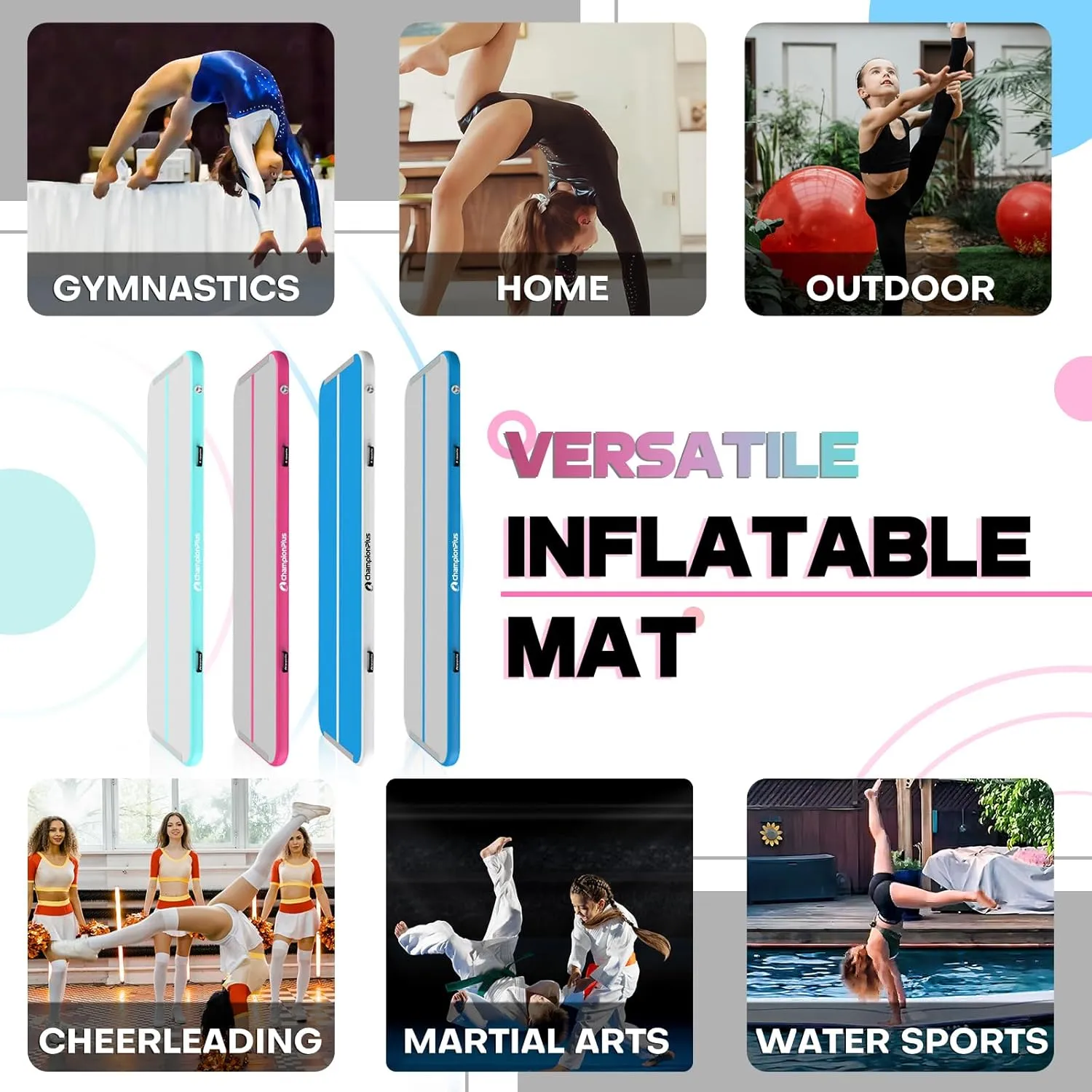 Inflatable Air Tumbling Mat Gymnastics Tumble track 4/8 inches Thickness Air Mats for Home Use/Training/Cheerleading/Water Yoga 10ft 13ft 16ft 20ft with Electric Air Pump