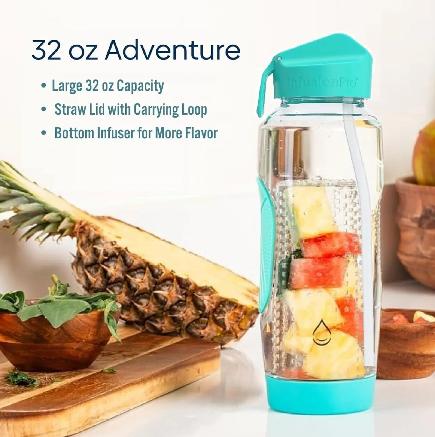 Infusion Pro 32 oz Fruit Infuser Water Bottle with Straw Lid : Insulated Sleeve : 50 Recipe Fruit Infusion eBook : Bottom Loading, Large Water Infuser for More Flavor : Unique Gift Idea
