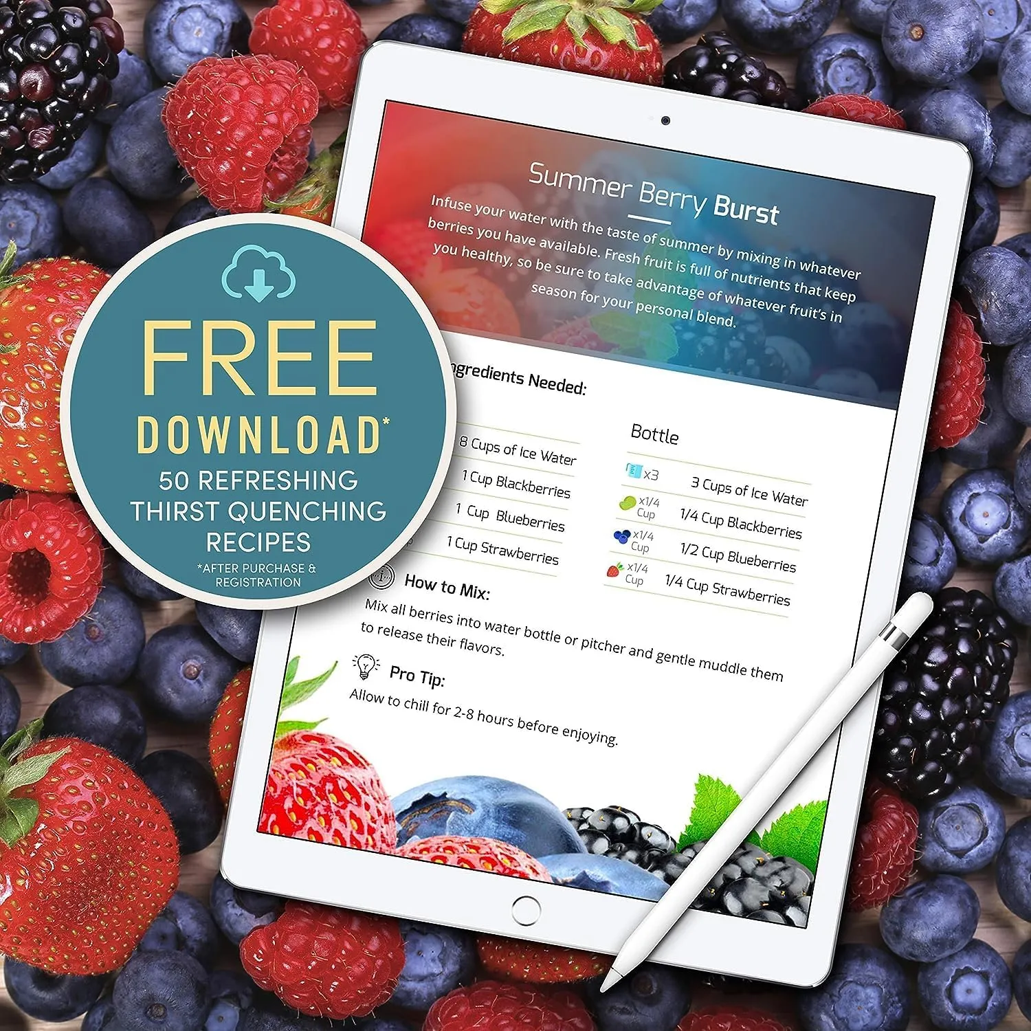 Infusion Pro 32 oz Fruit Infuser Water Bottle with Straw Lid : Insulated Sleeve : 50 Recipe Fruit Infusion eBook : Bottom Loading, Large Water Infuser for More Flavor : Unique Gift Idea