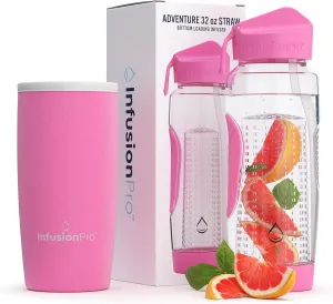 Infusion Pro 32 oz Fruit Infuser Water Bottle with Straw Lid : Insulated Sleeve : 50 Recipe Fruit Infusion eBook : Bottom Loading, Large Water Infuser for More Flavor : Unique Gift Idea