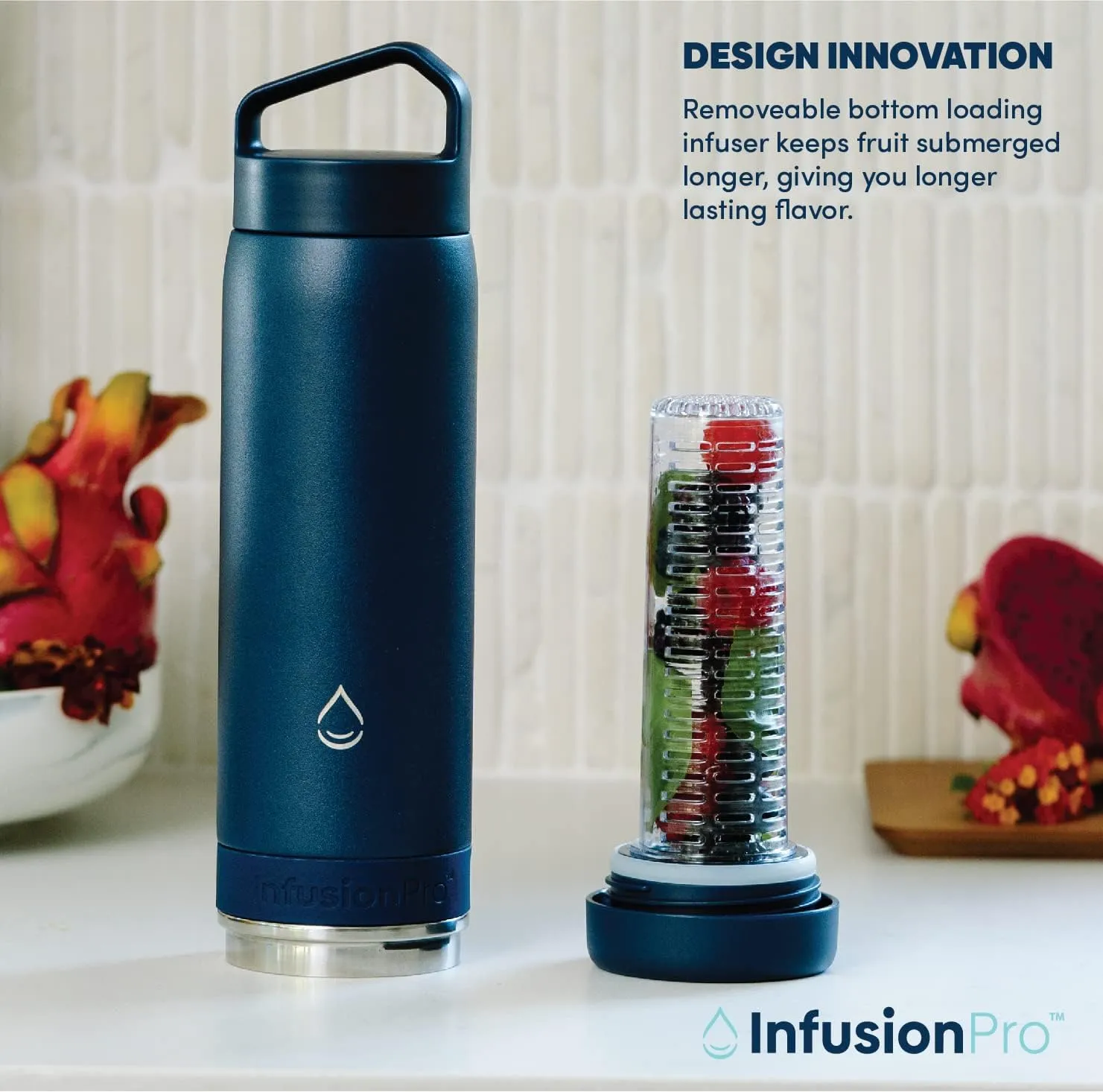 Infusion Pro Fruit Infuser Water Bottle Vacuum Insulated (20 oz) Stainless Steel : Fruit Infusion Recipe eBook : Bottom Loading Water Infuser for More Flavor : Easy Cleaning : Great Gift Water Bottle
