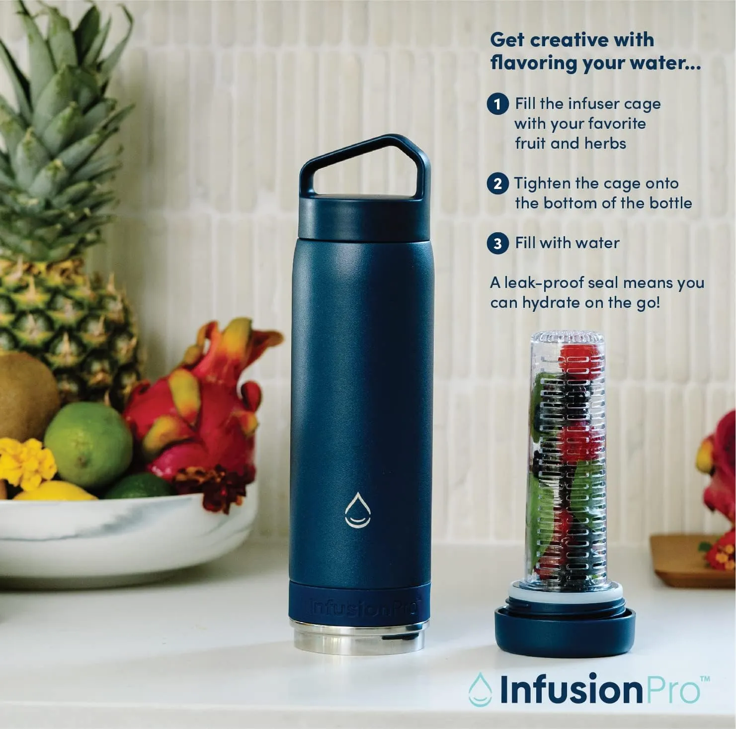 Infusion Pro Fruit Infuser Water Bottle Vacuum Insulated (20 oz) Stainless Steel : Fruit Infusion Recipe eBook : Bottom Loading Water Infuser for More Flavor : Easy Cleaning : Great Gift Water Bottle